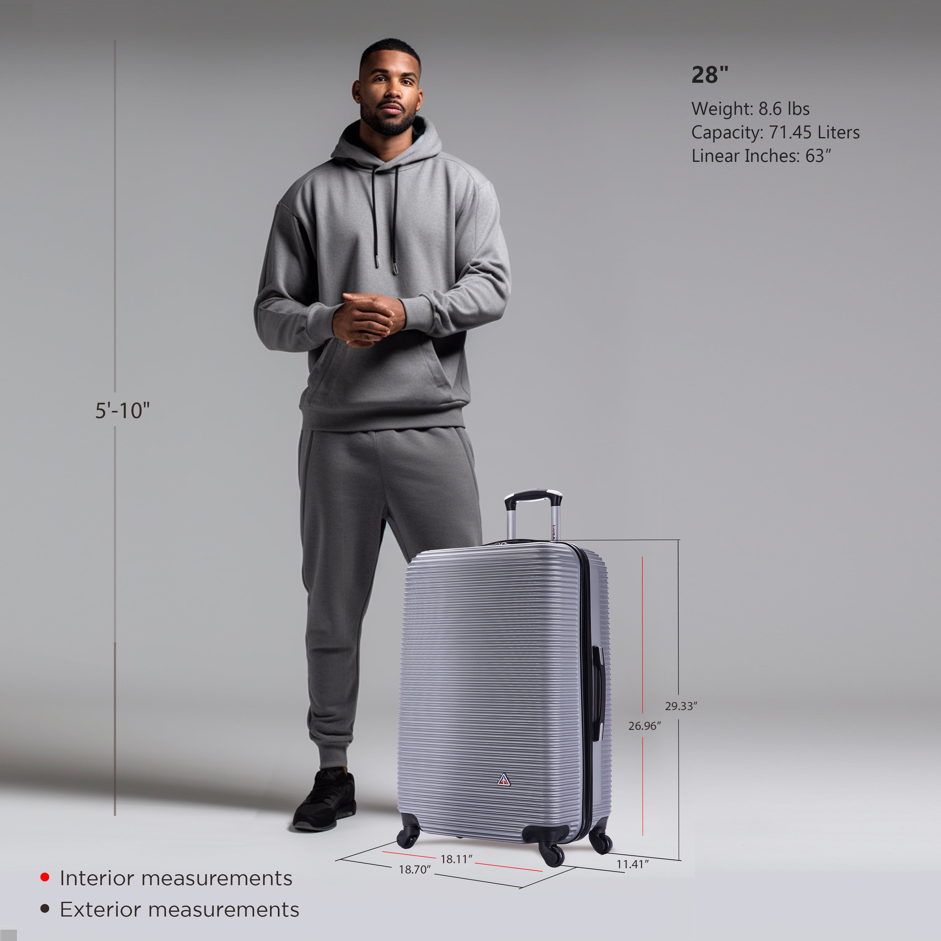Man standing next to a suitcase with measurements displayed