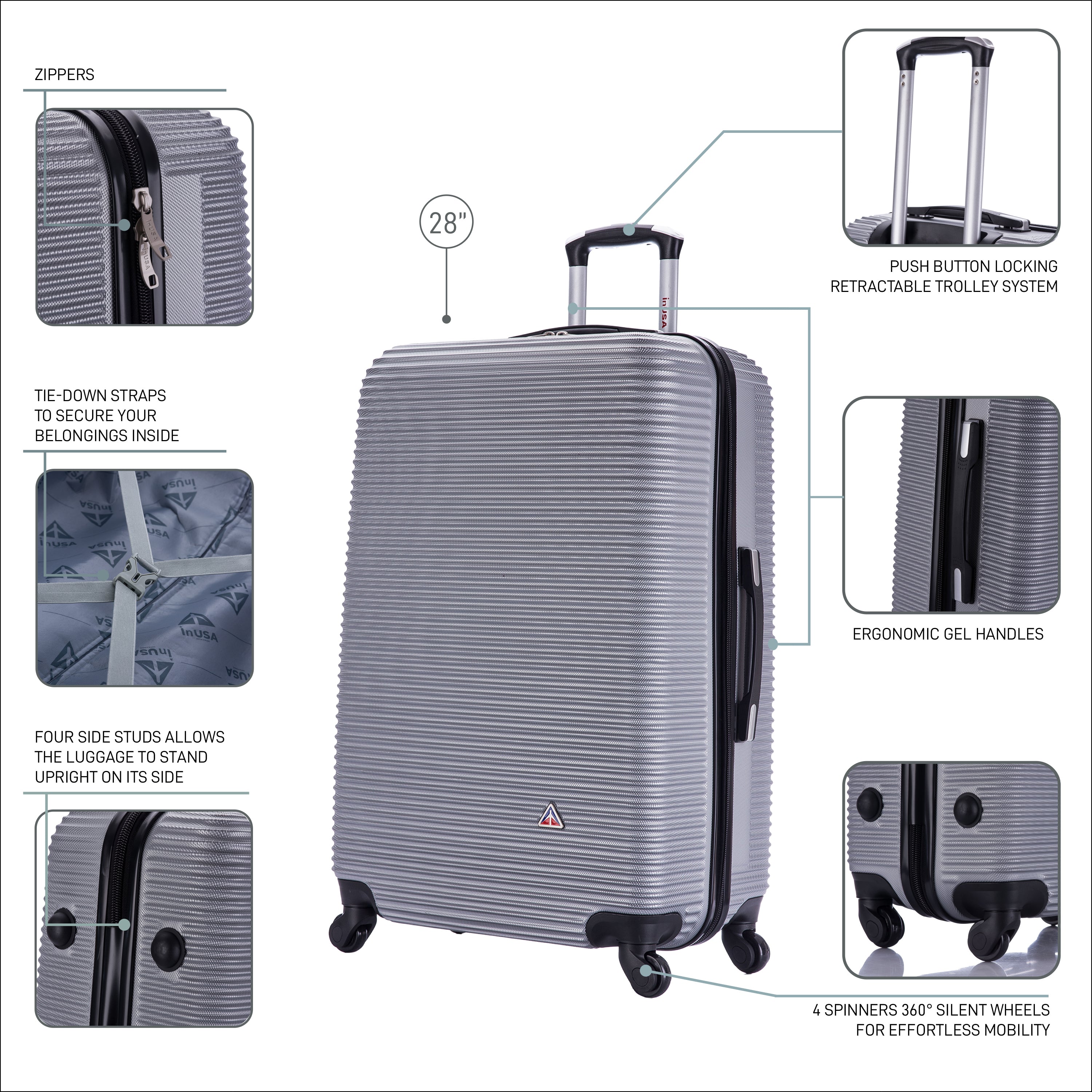 Gray suitcase with features highlighted on a white background