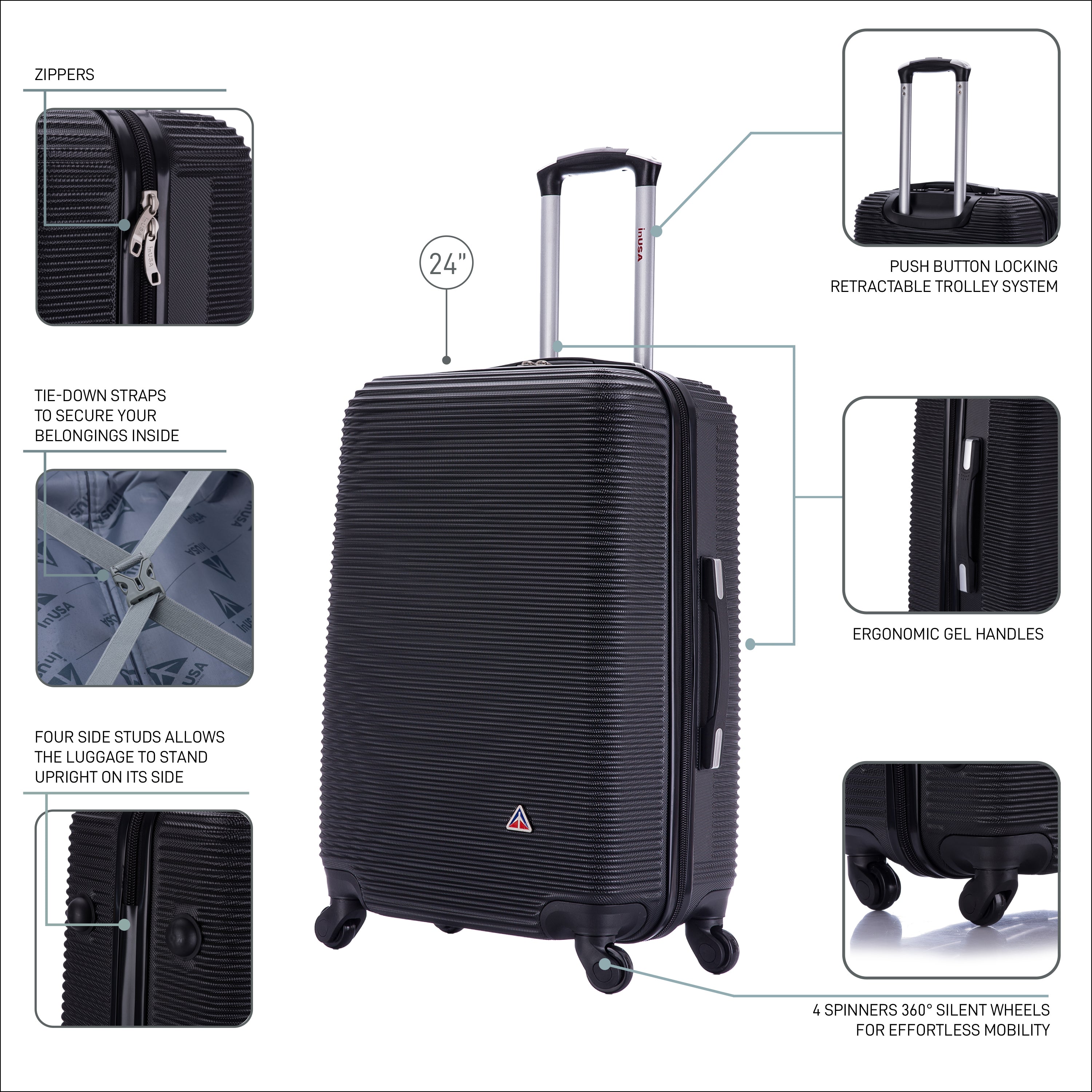 Black suitcase with features highlighted on a white background