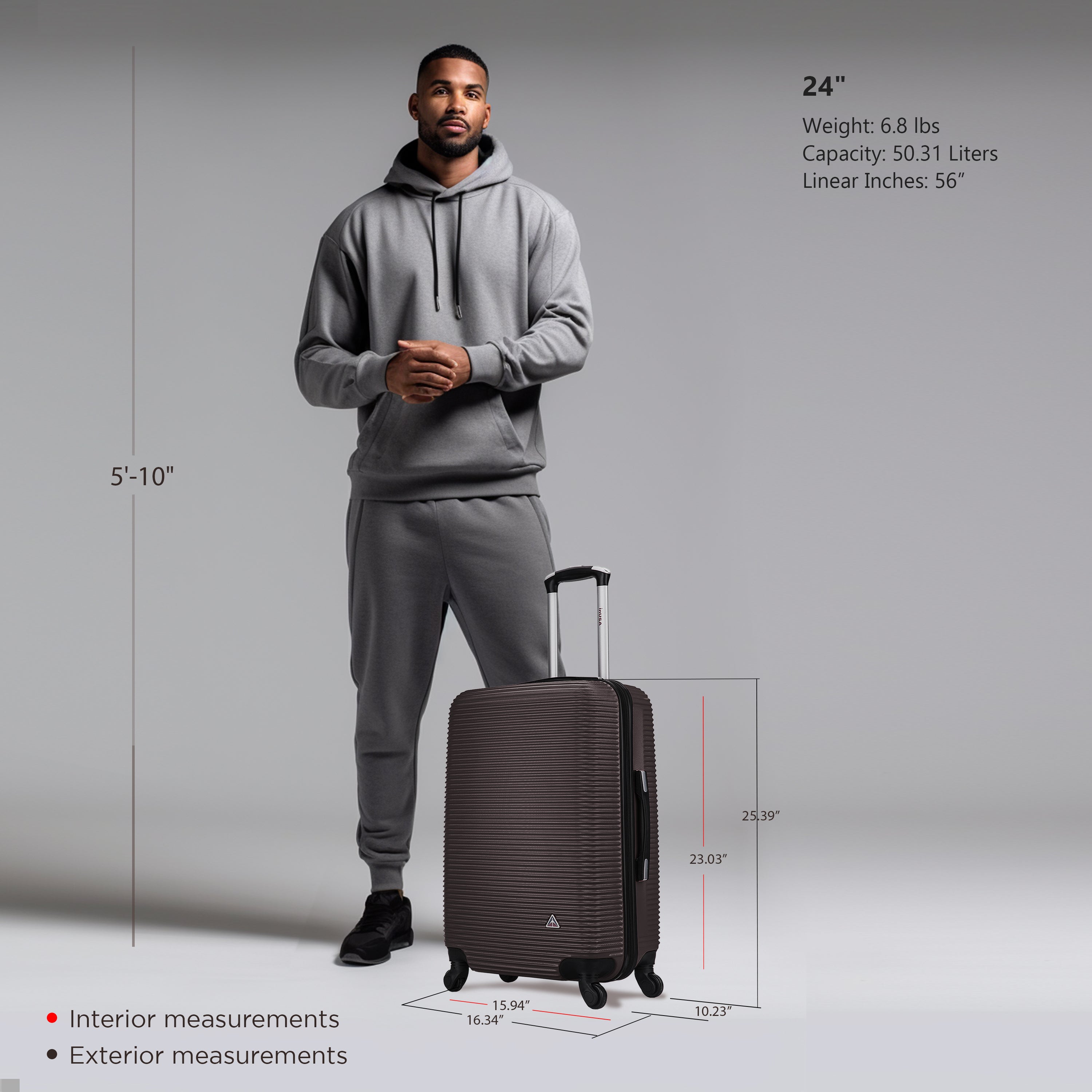 Man in gray hoodie and pants standing next to a suitcase with measurements displayed.