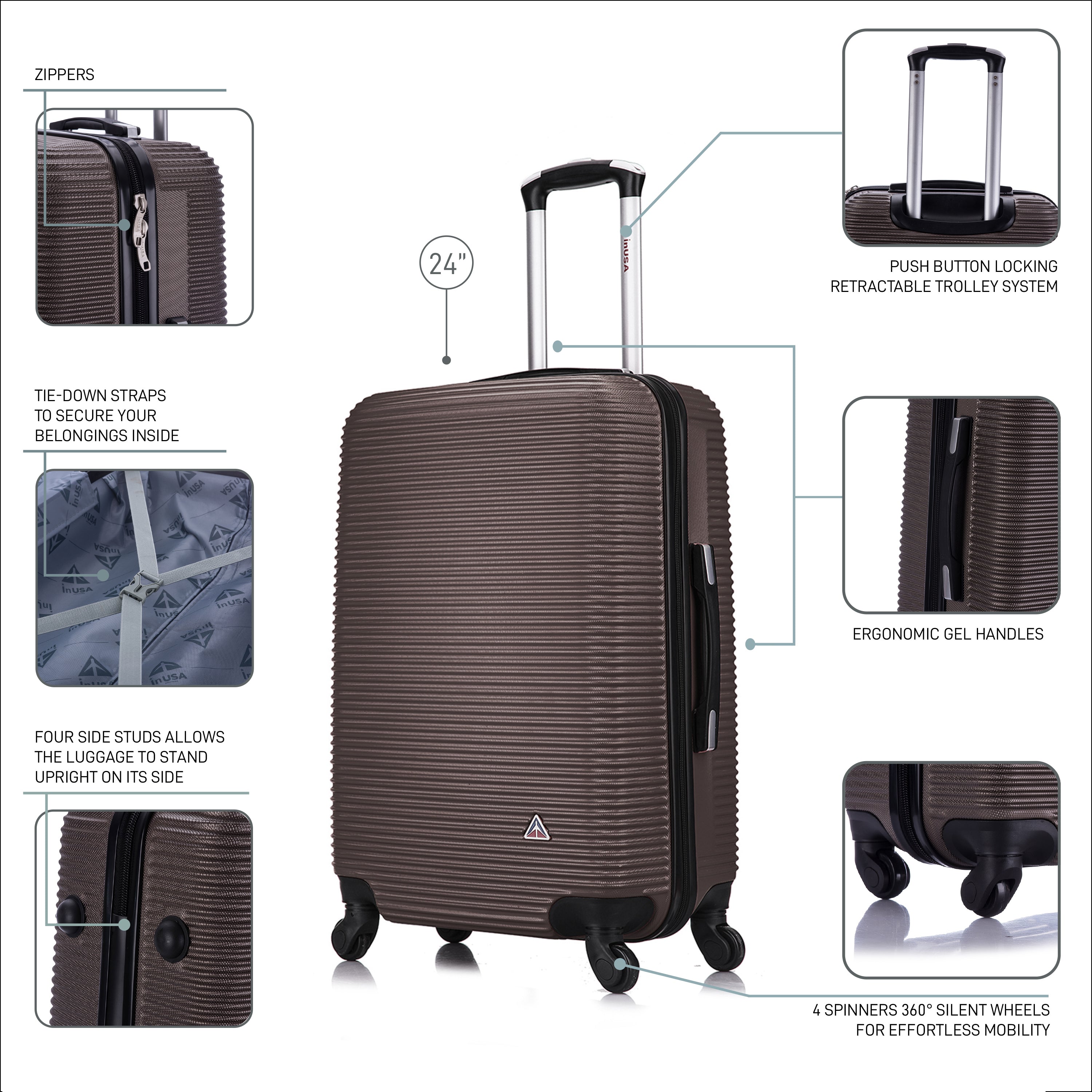 Brown suitcase with features highlighted on a white background