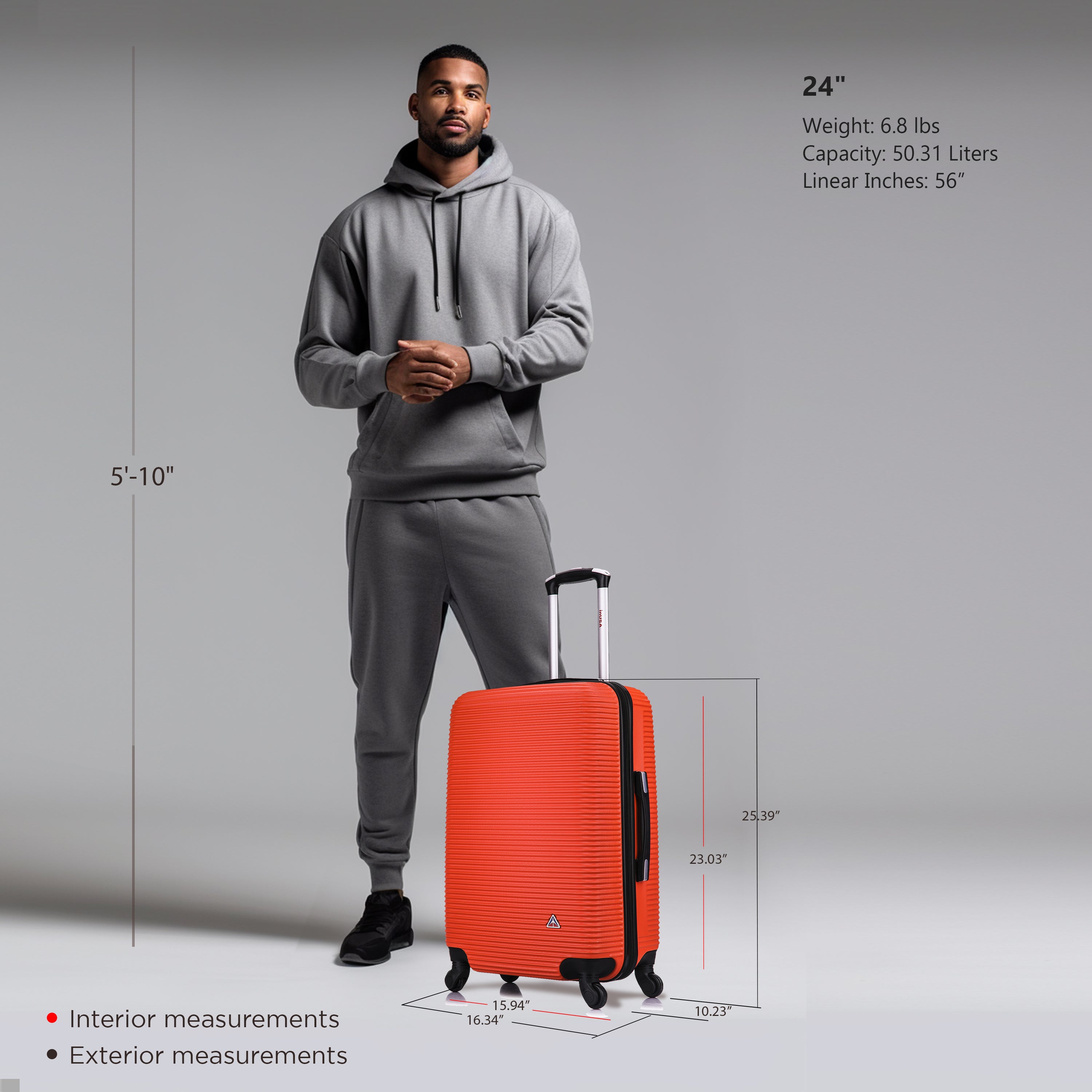 Man standing next to a red suitcase with measurements displayed