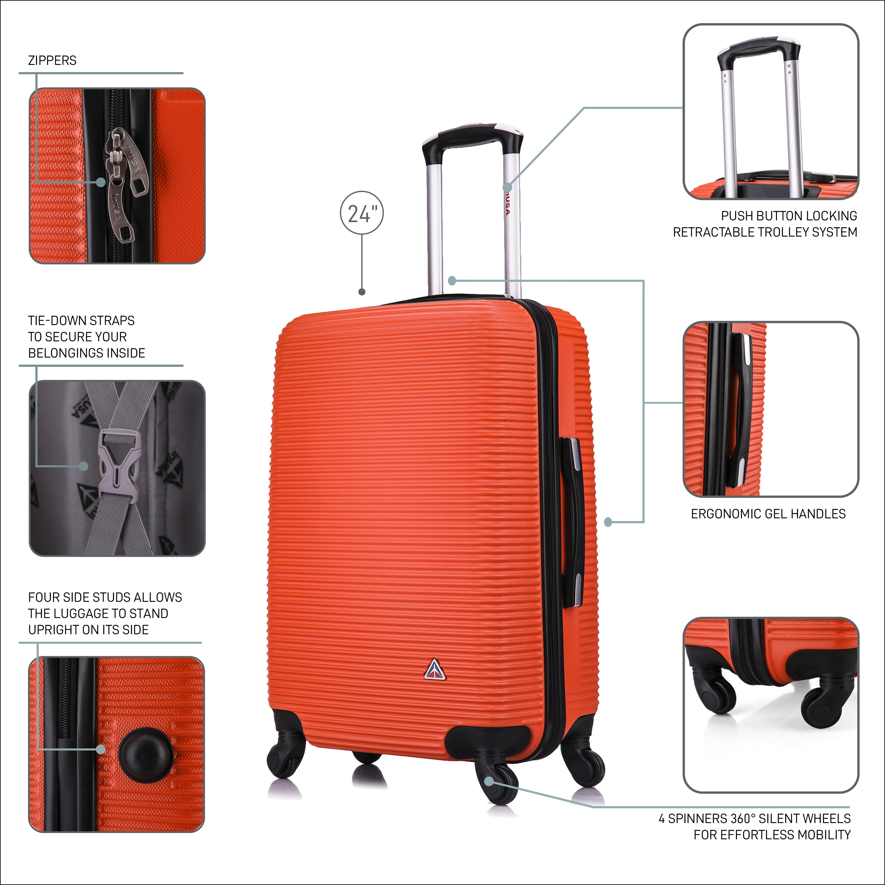 Orange suitcase with features highlighted on a white background