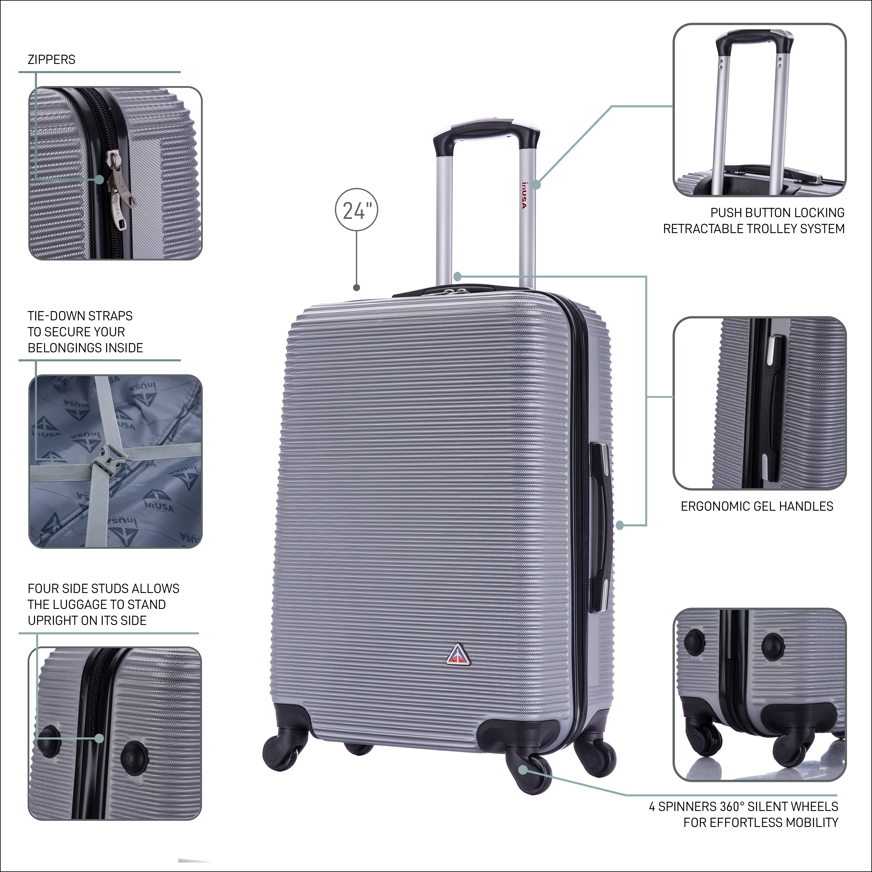 Gray suitcase with features highlighted on a white background