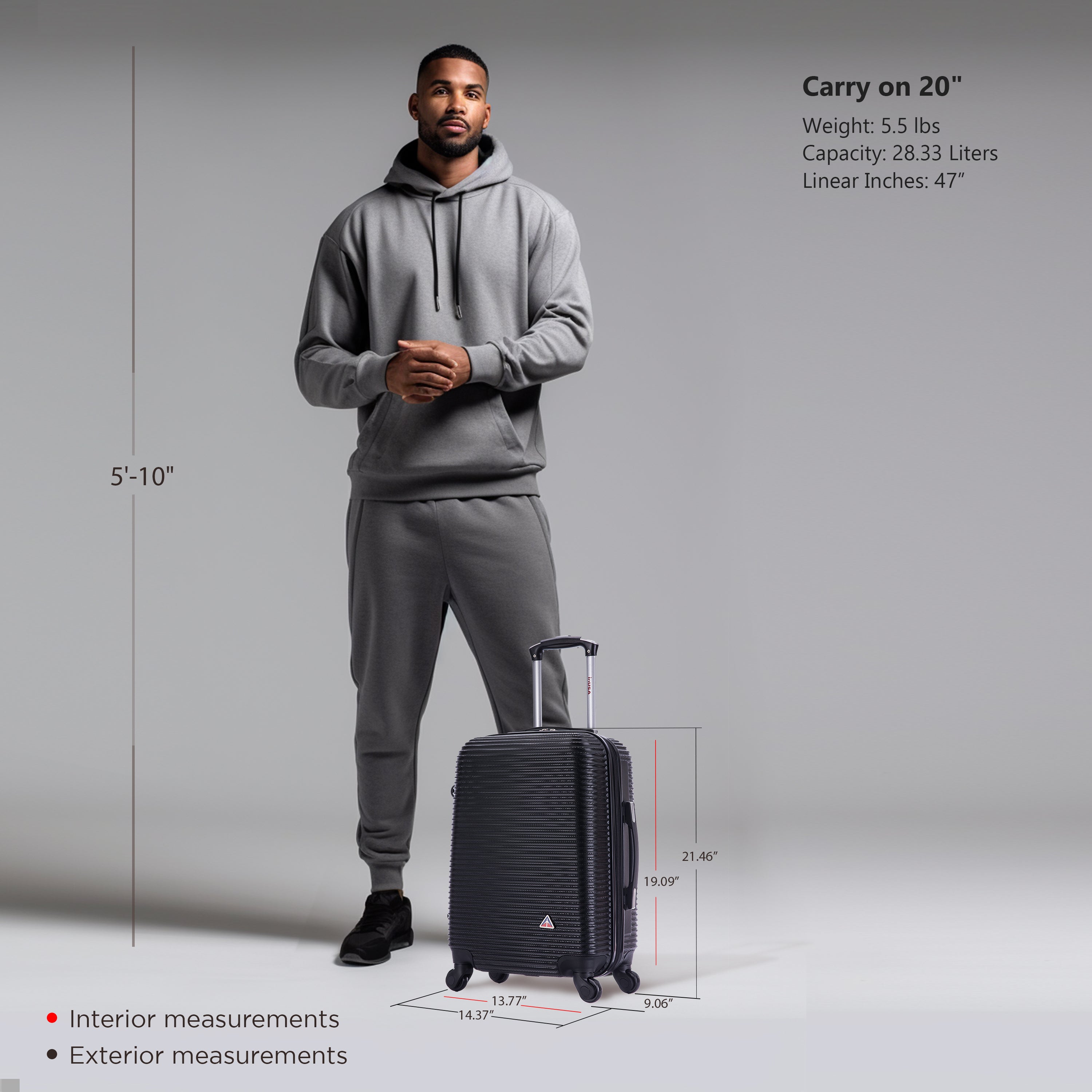 Man in gray tracksuit with a suitcase, showing measurements on a gray background