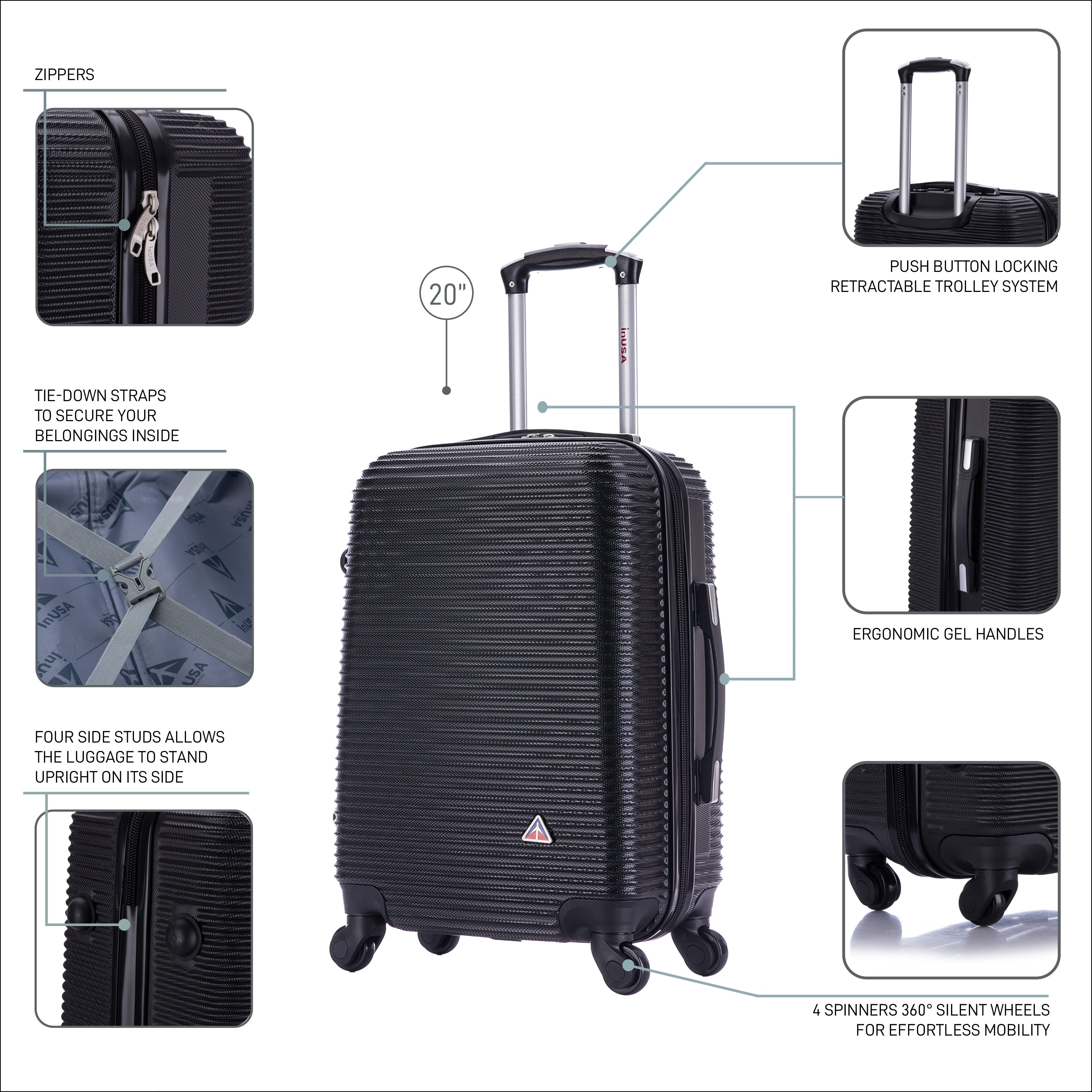 Black suitcase with features highlighted on a white background