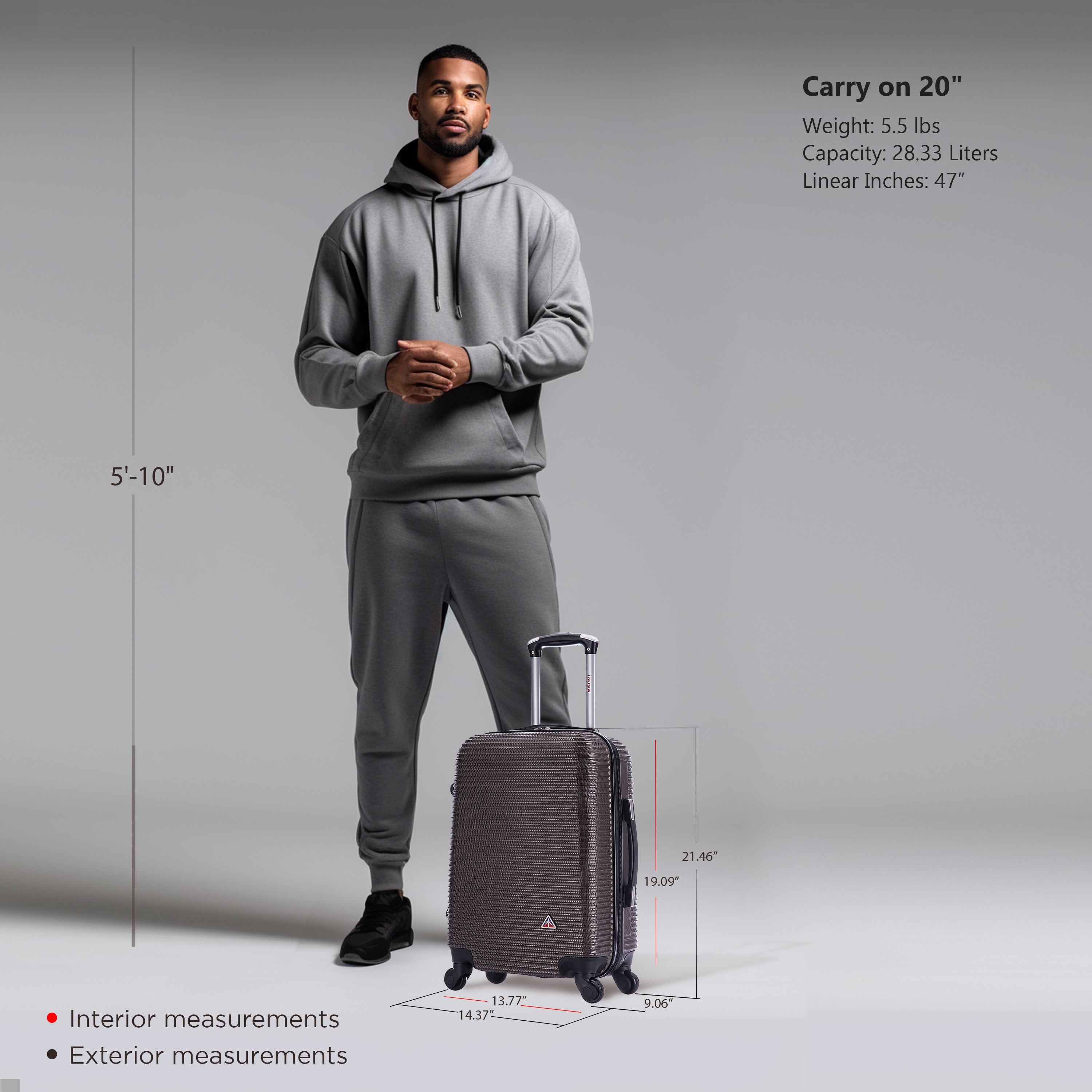 Man in gray hoodie and pants standing next to a suitcase with measurements displayed.