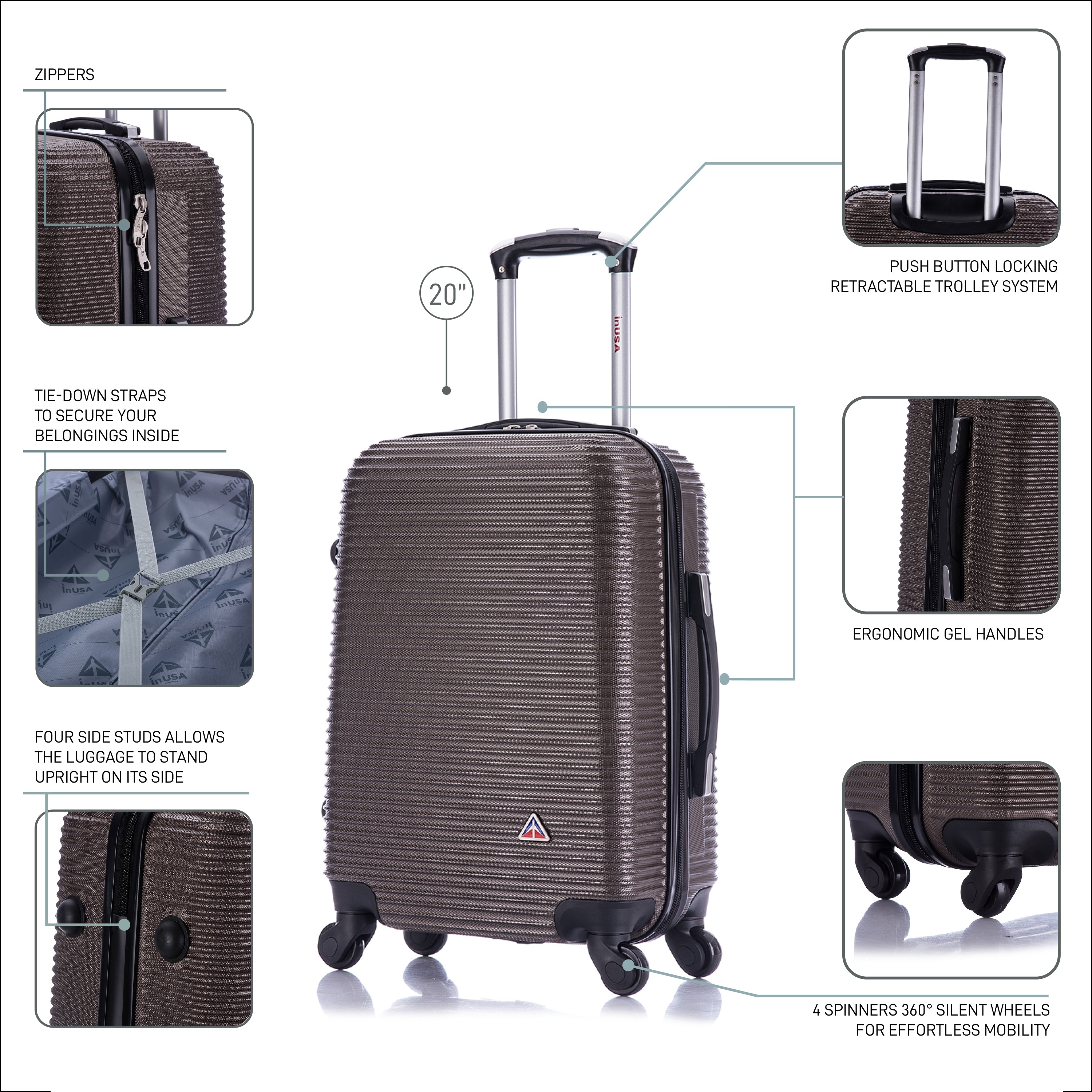 Brown suitcase with features highlighted on a white background