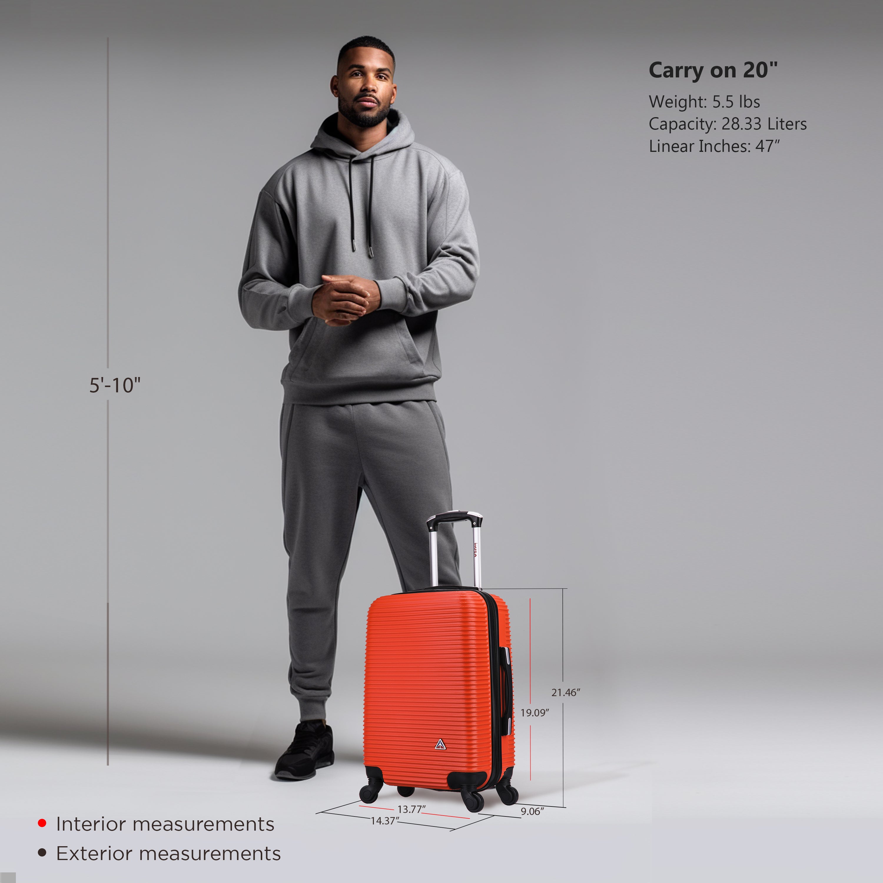 Man standing next to an orange suitcase with measurements displayed