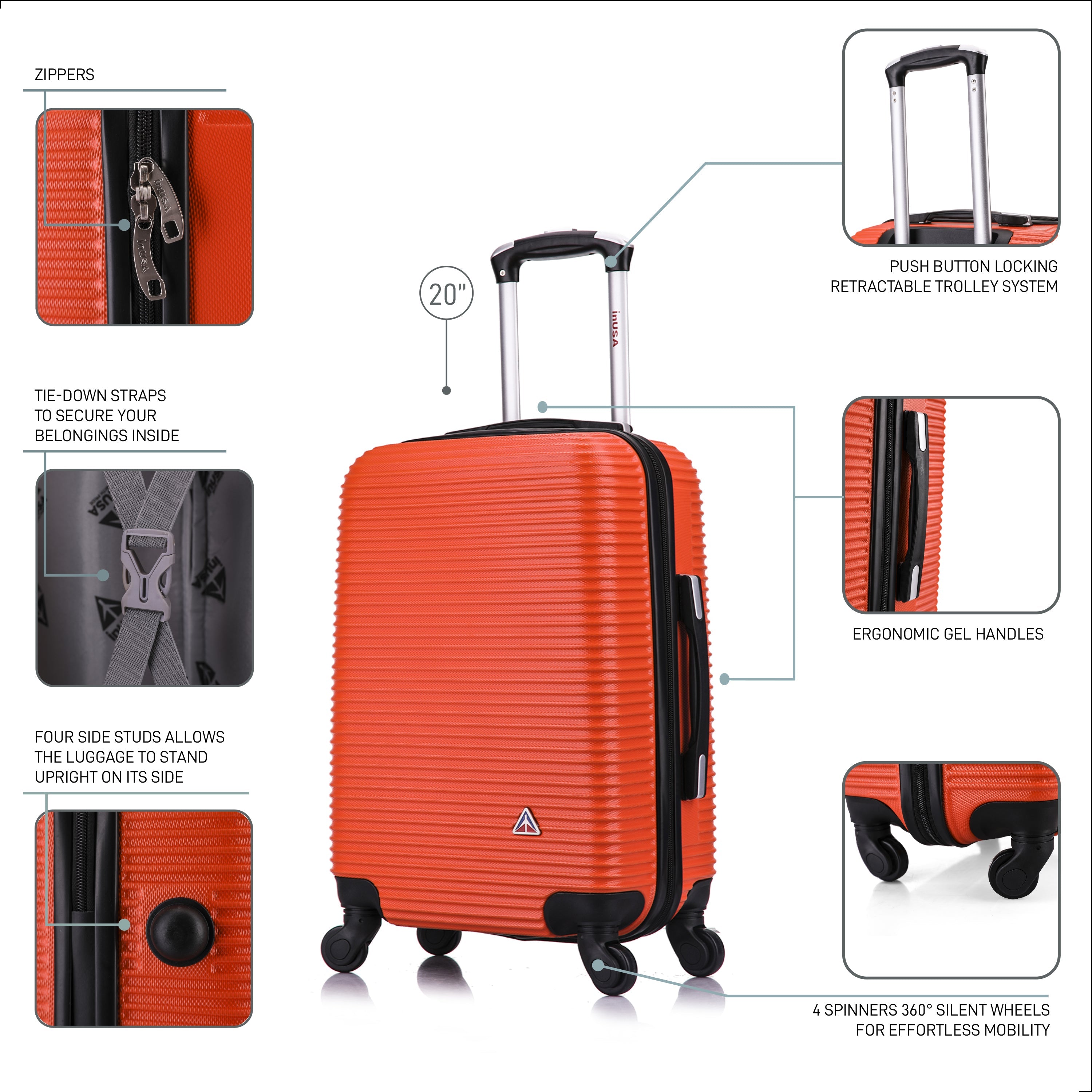 Orange suitcase with features highlighted on a white background