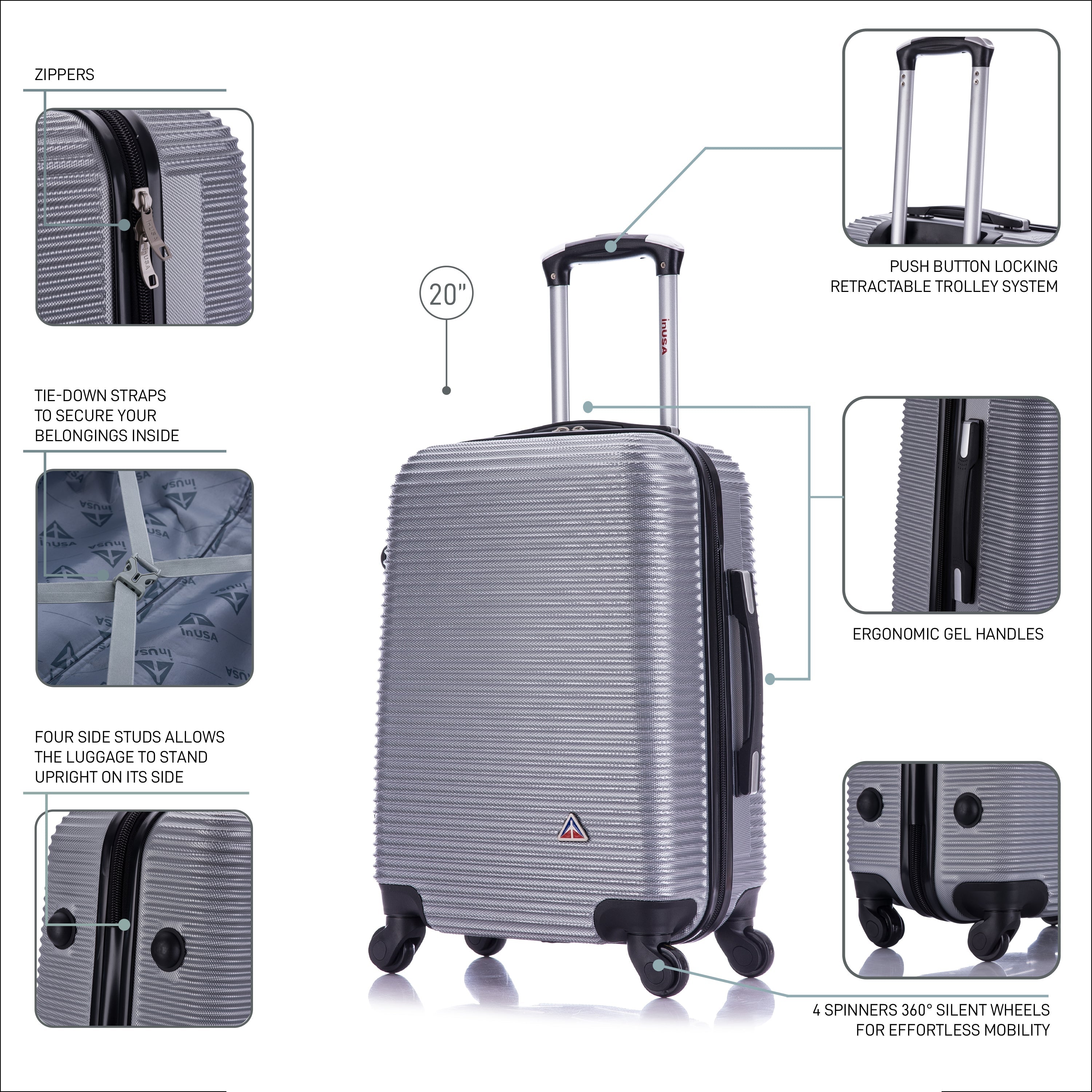 Silver suitcase with features highlighted on a white background