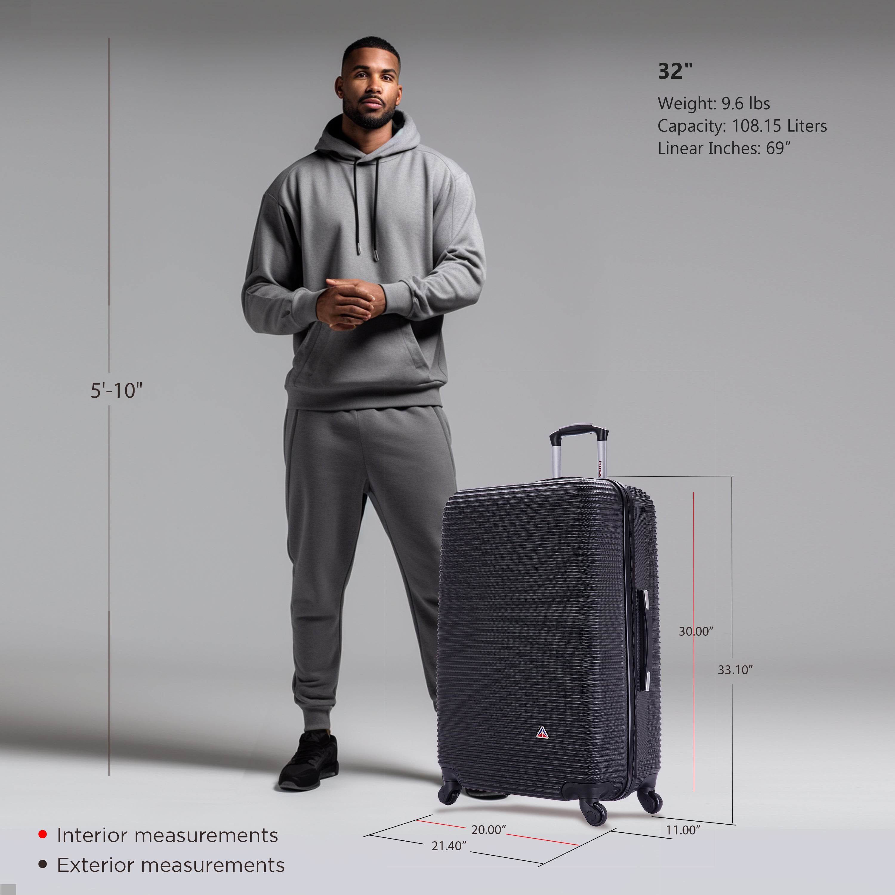 Man standing next to a black suitcase with measurements displayed