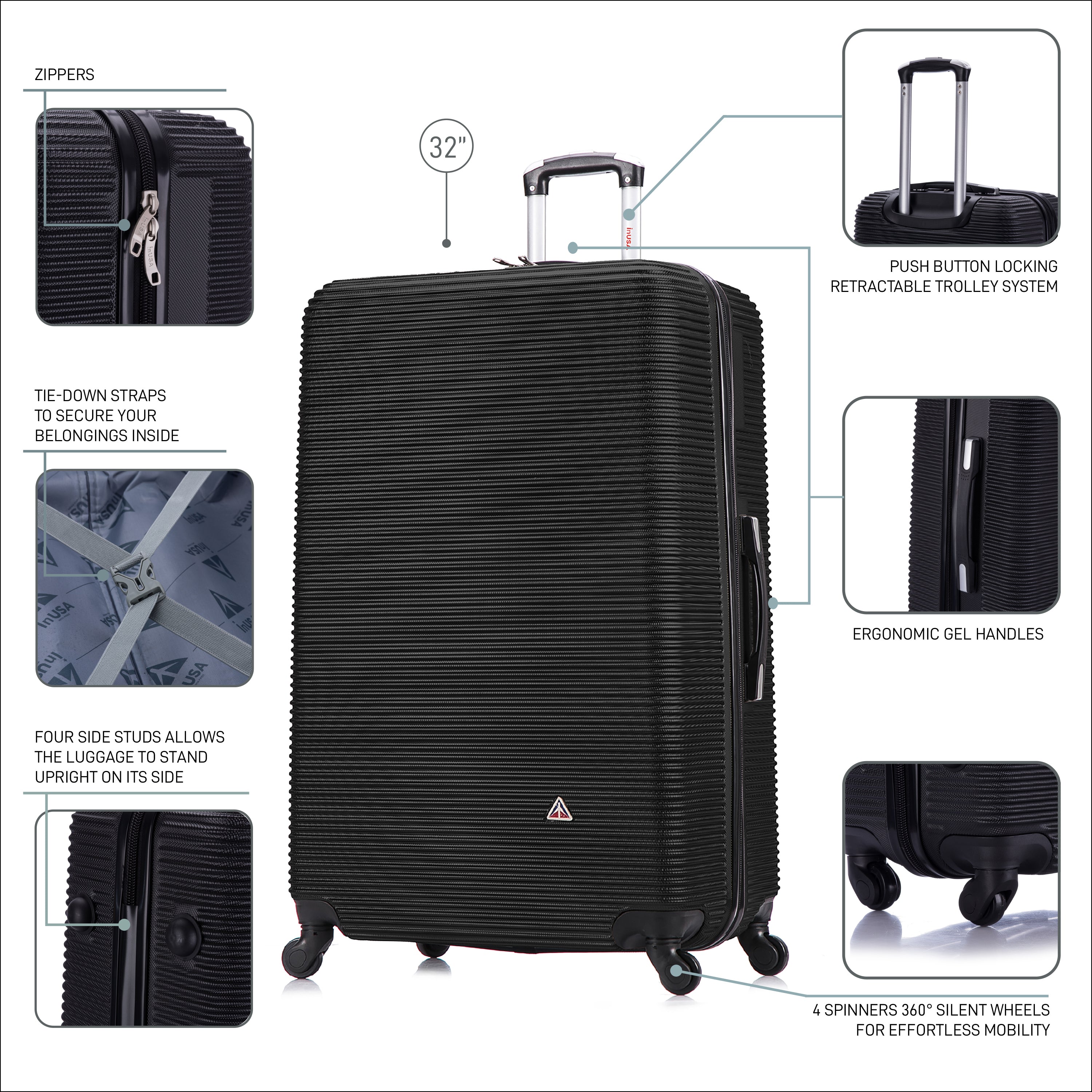Black suitcase with features highlighted on a white background