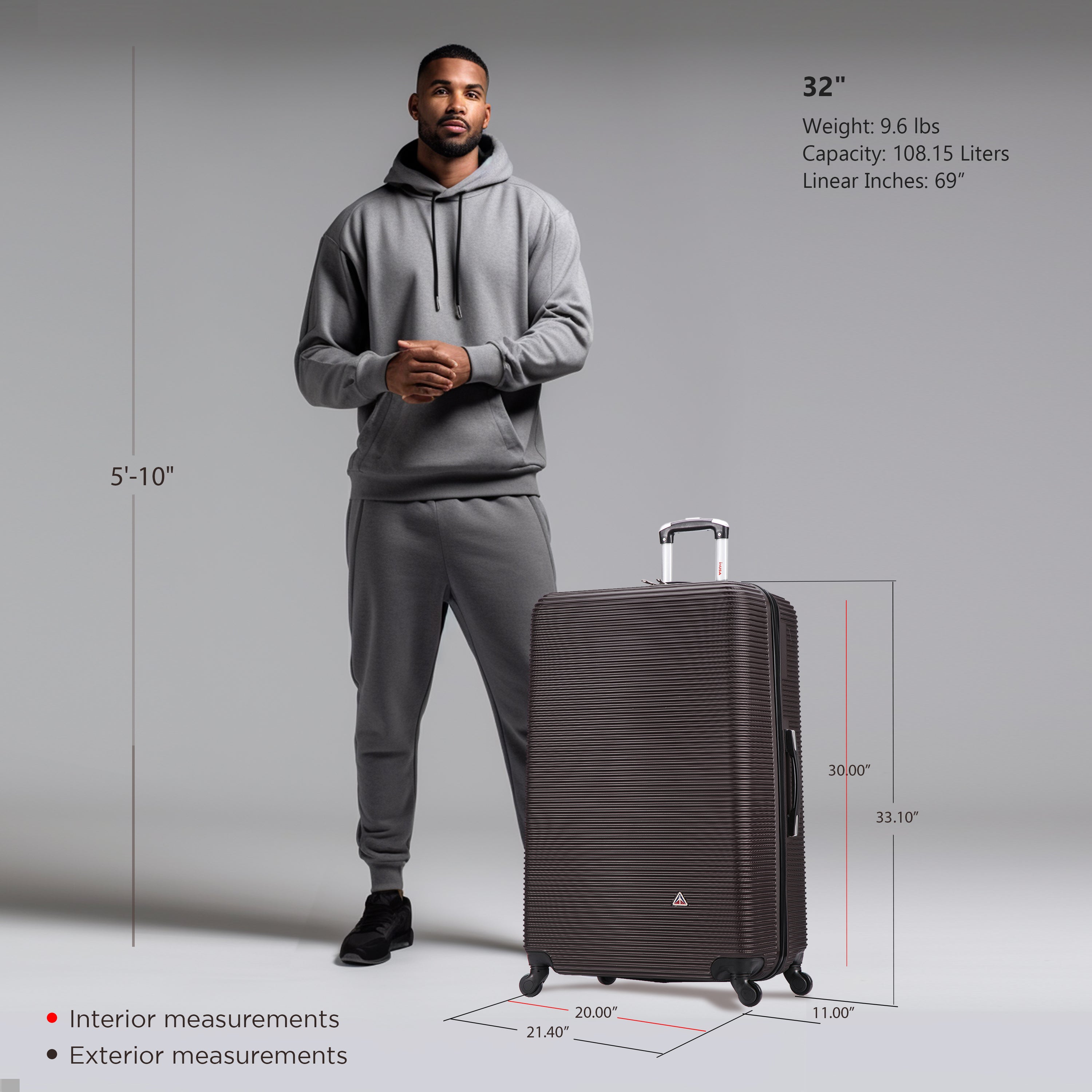 Man standing next to a suitcase with measurements displayed