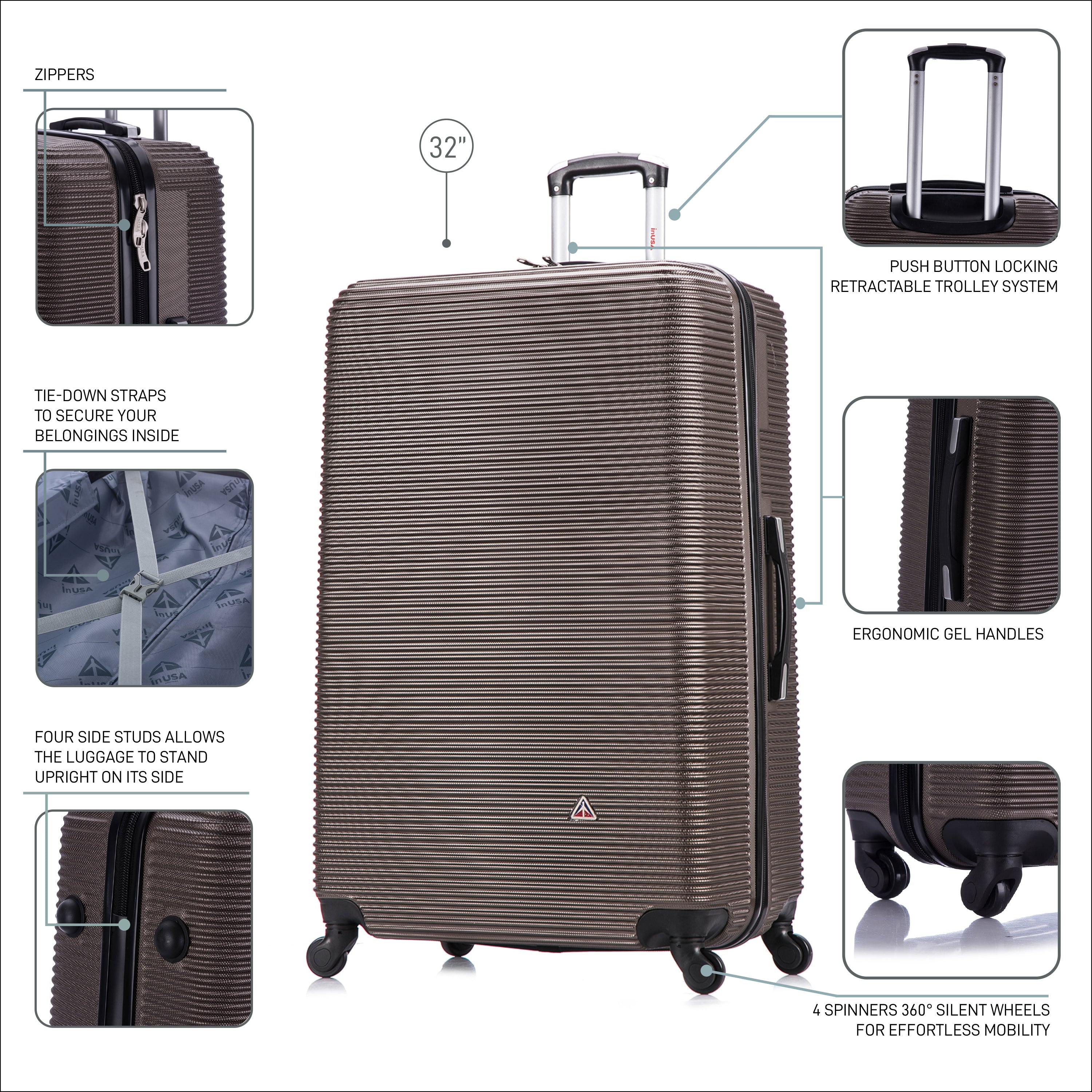 Brown suitcase with features highlighted on a white background