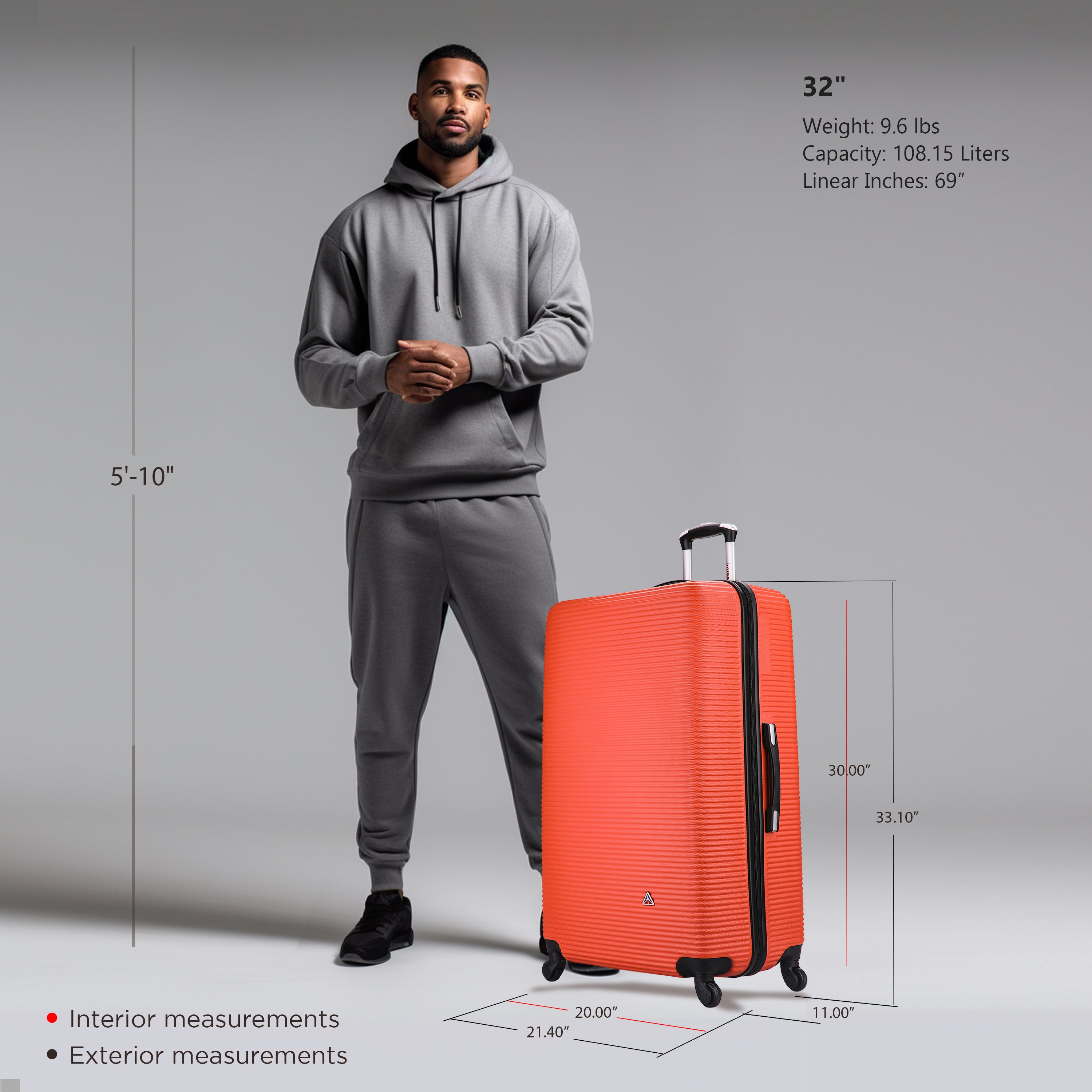 Man standing next to an orange suitcase with measurements displayed