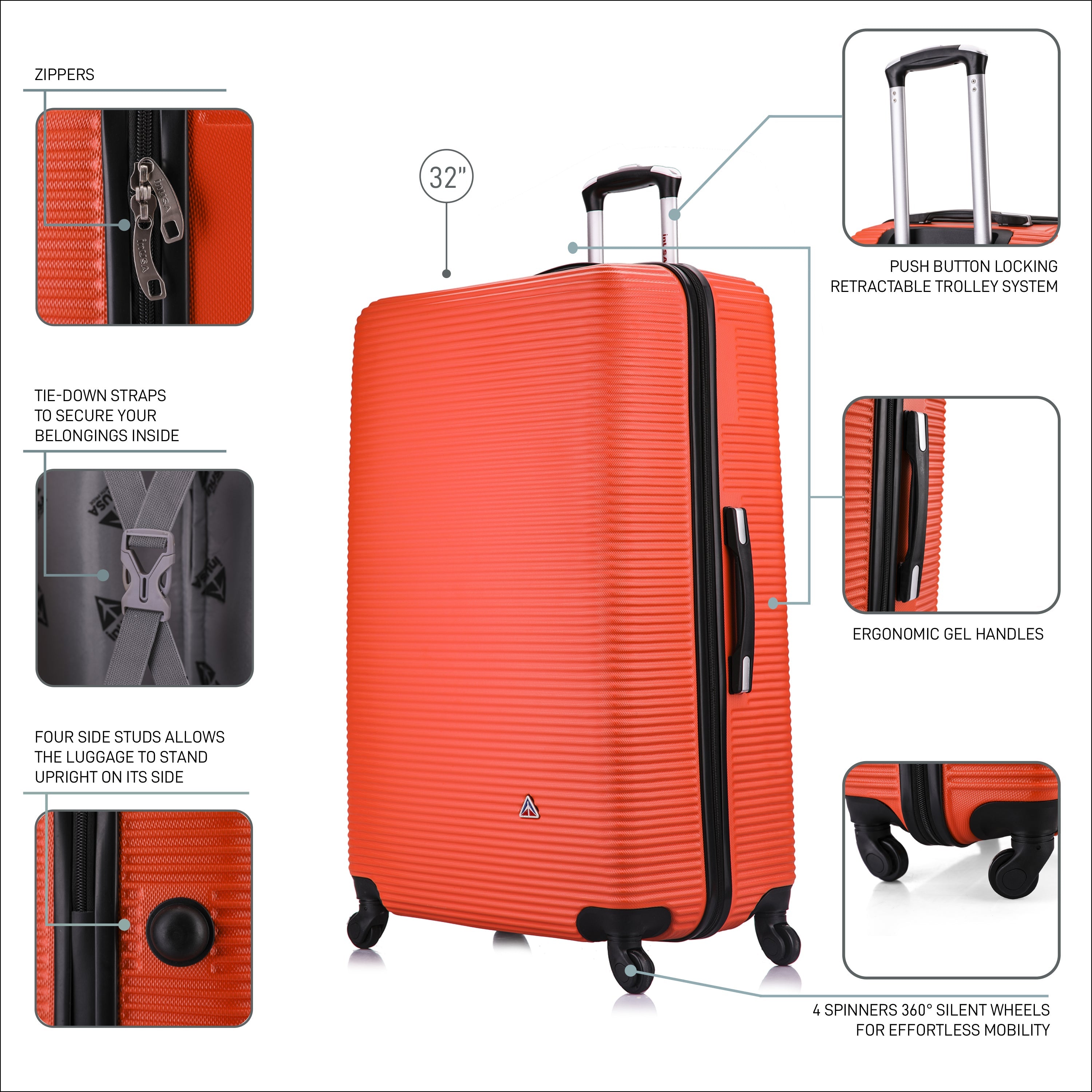 Orange suitcase with features highlighted on a white background