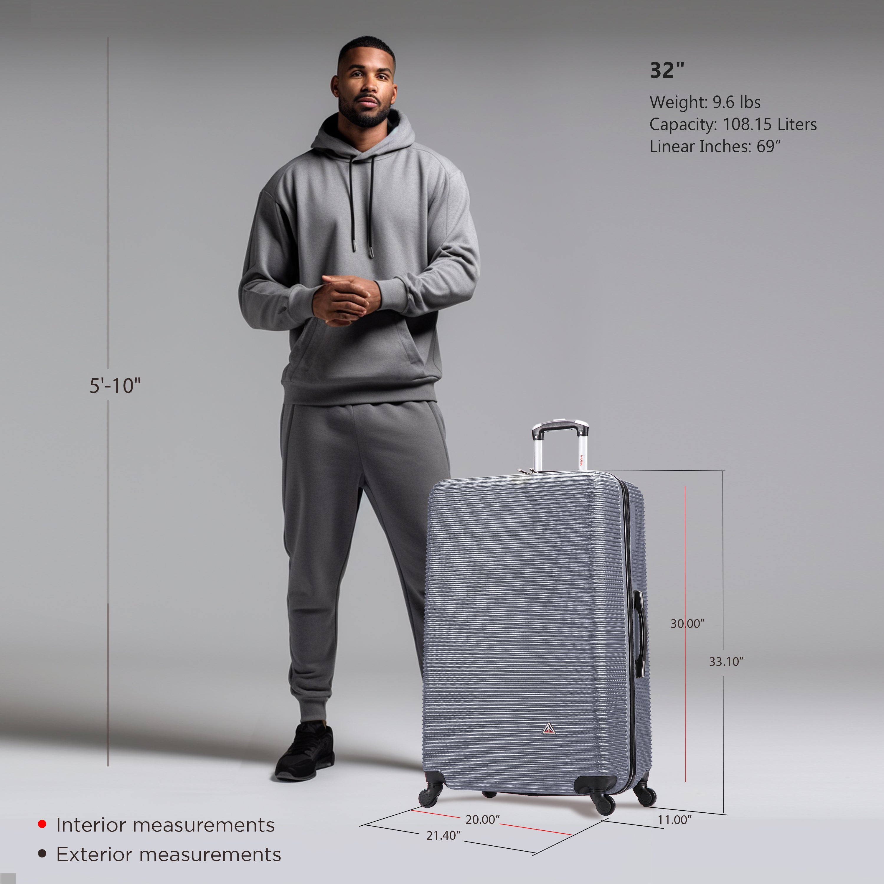 Man standing next to a suitcase with measurements displayed