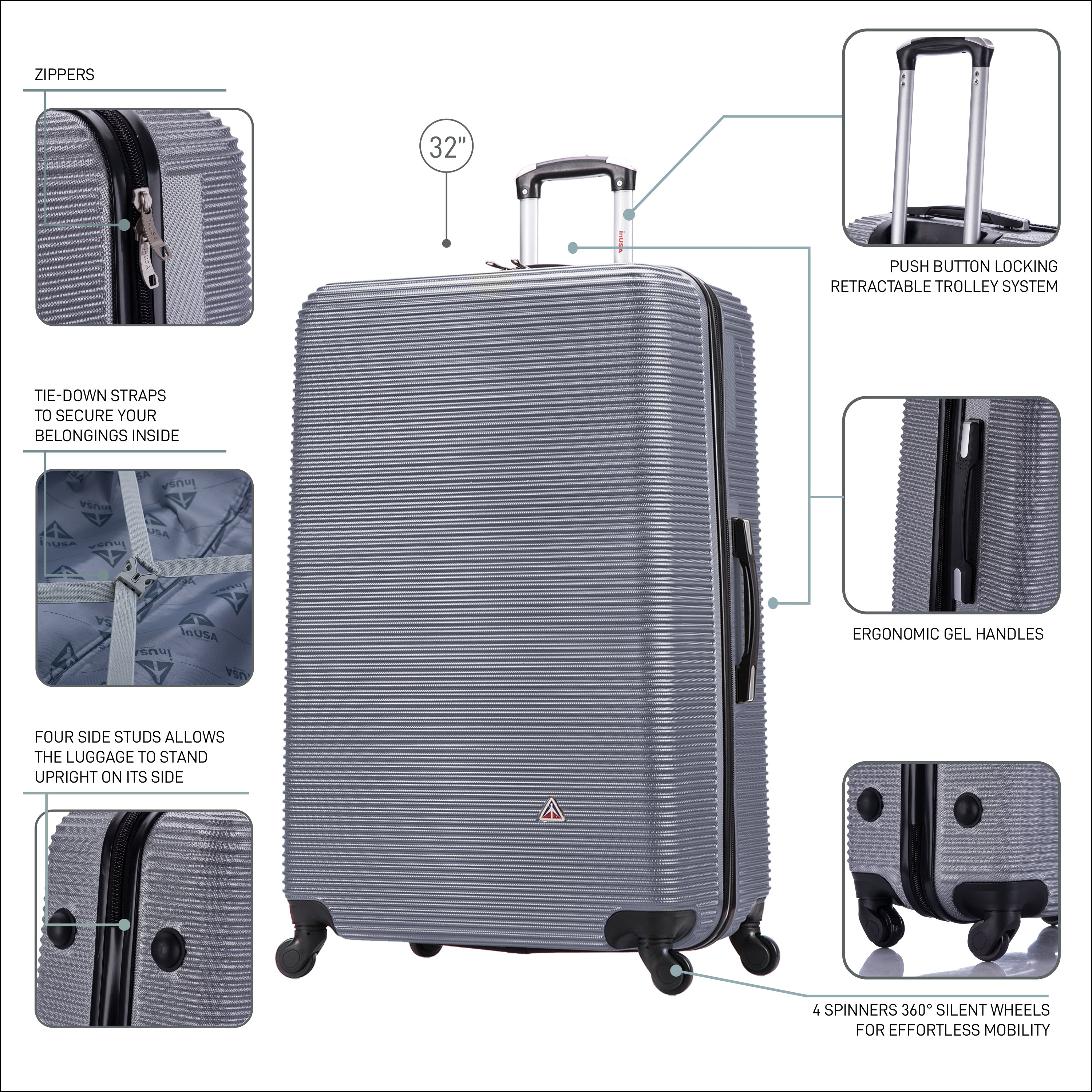 Gray suitcase with features highlighted on a white background