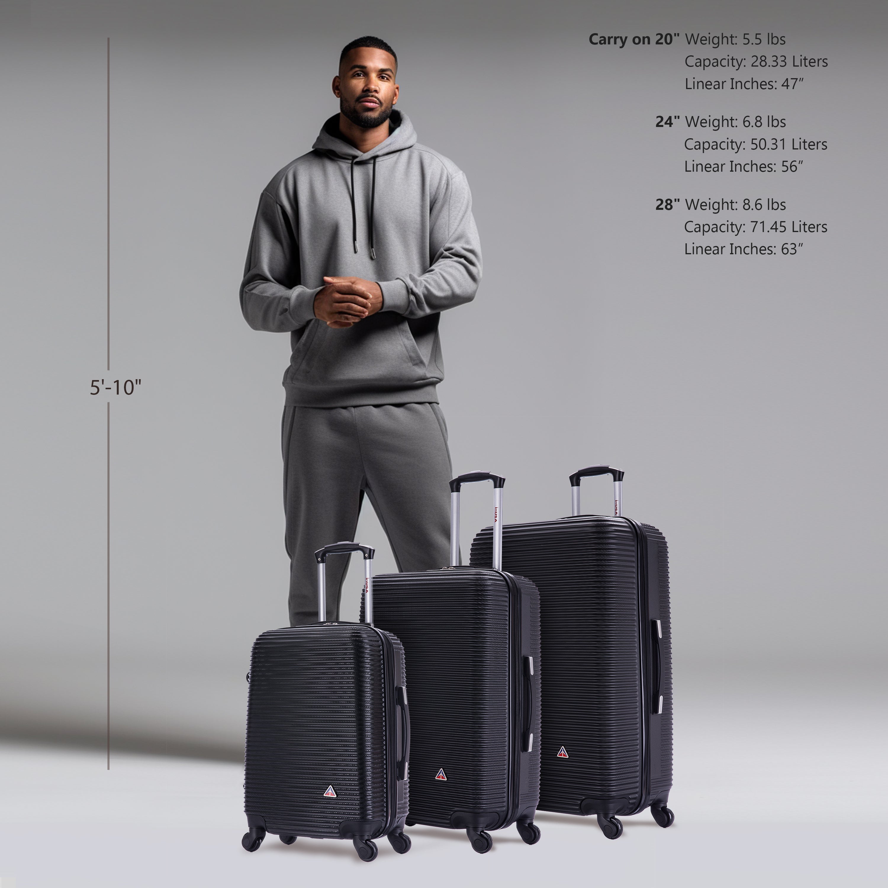 Man standing with three black suitcases of different sizes on a gray background
