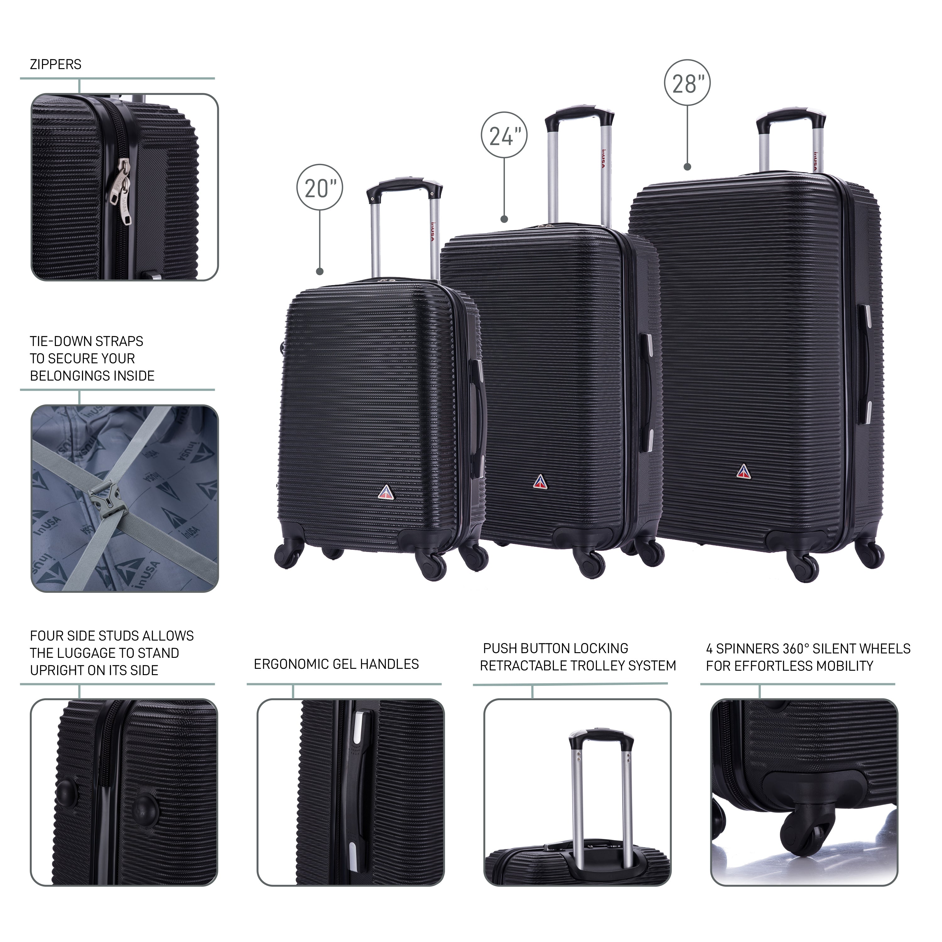 Black suitcases of different sizes with features highlighted on a white background