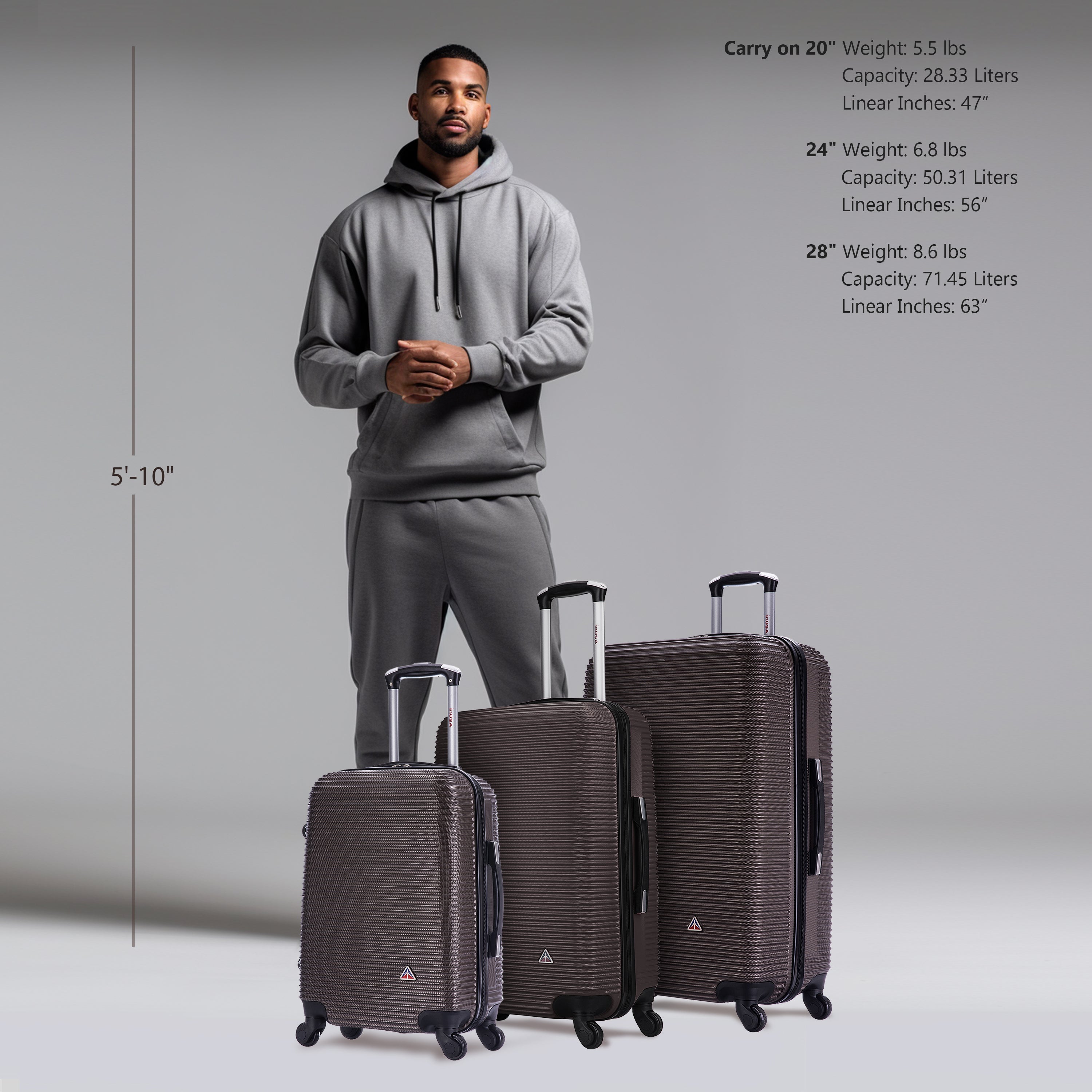 Man standing with three suitcases of different sizes on a gray background