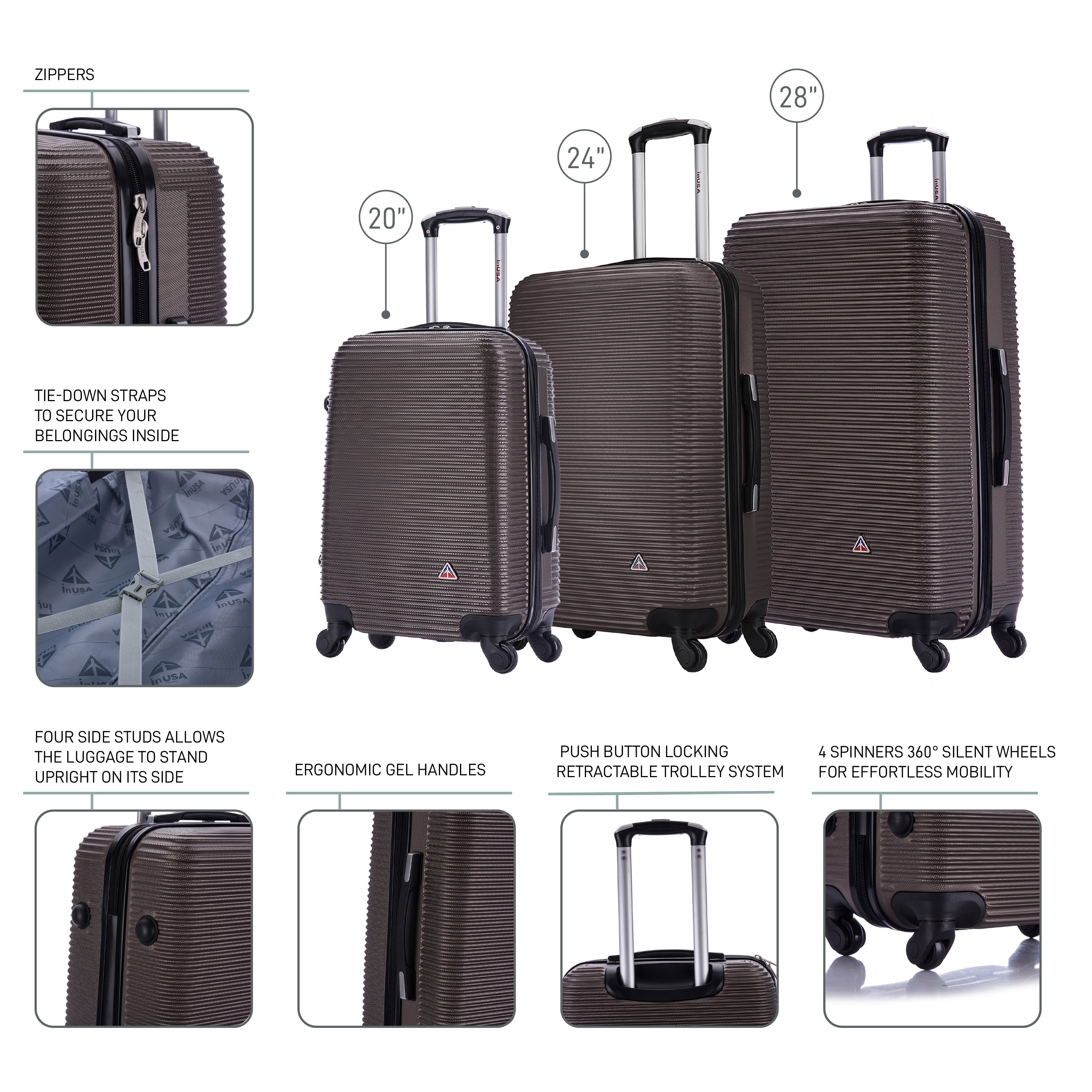 Set of brown suitcases with features highlighted on a white background