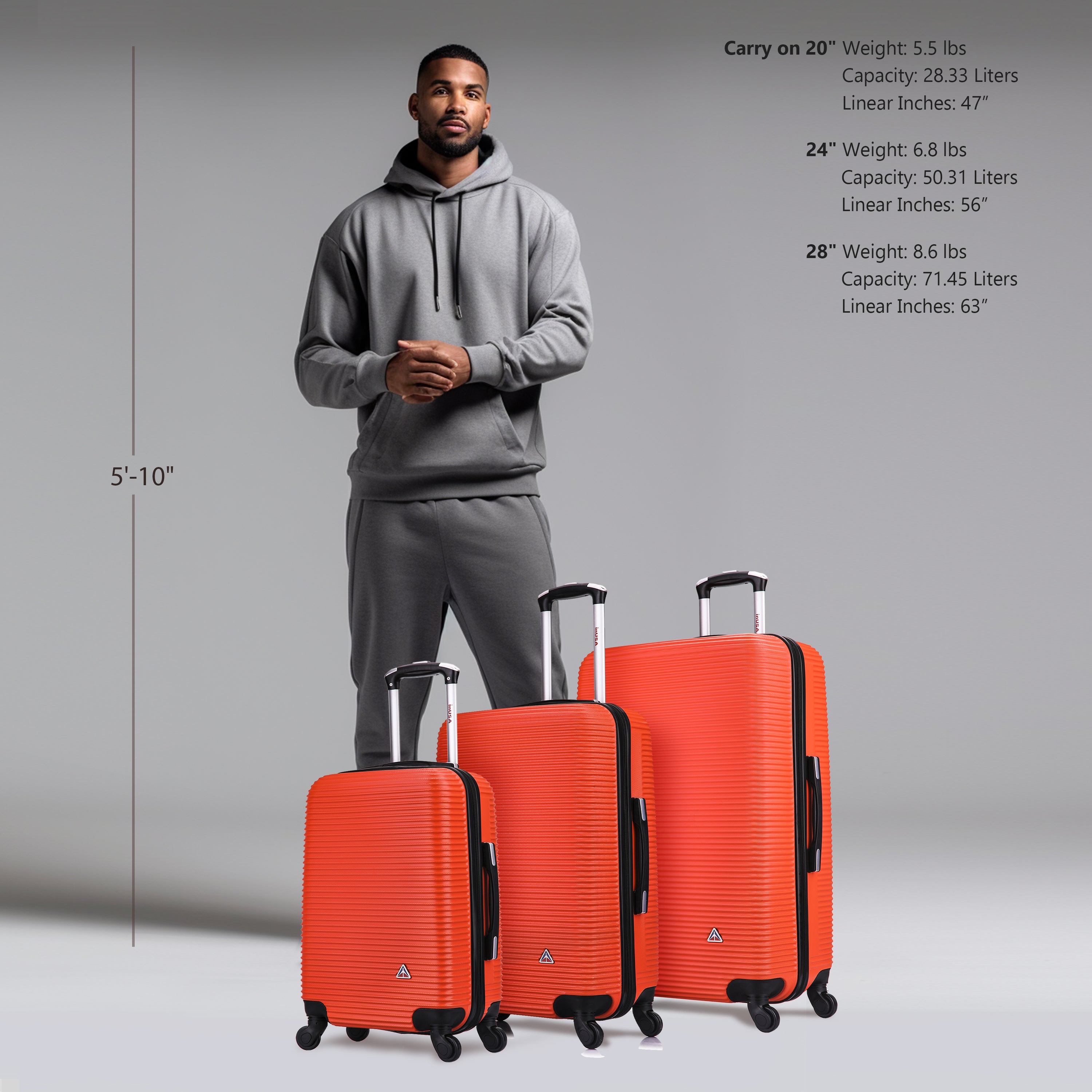 Man standing with three orange suitcases of different sizes on a gray background