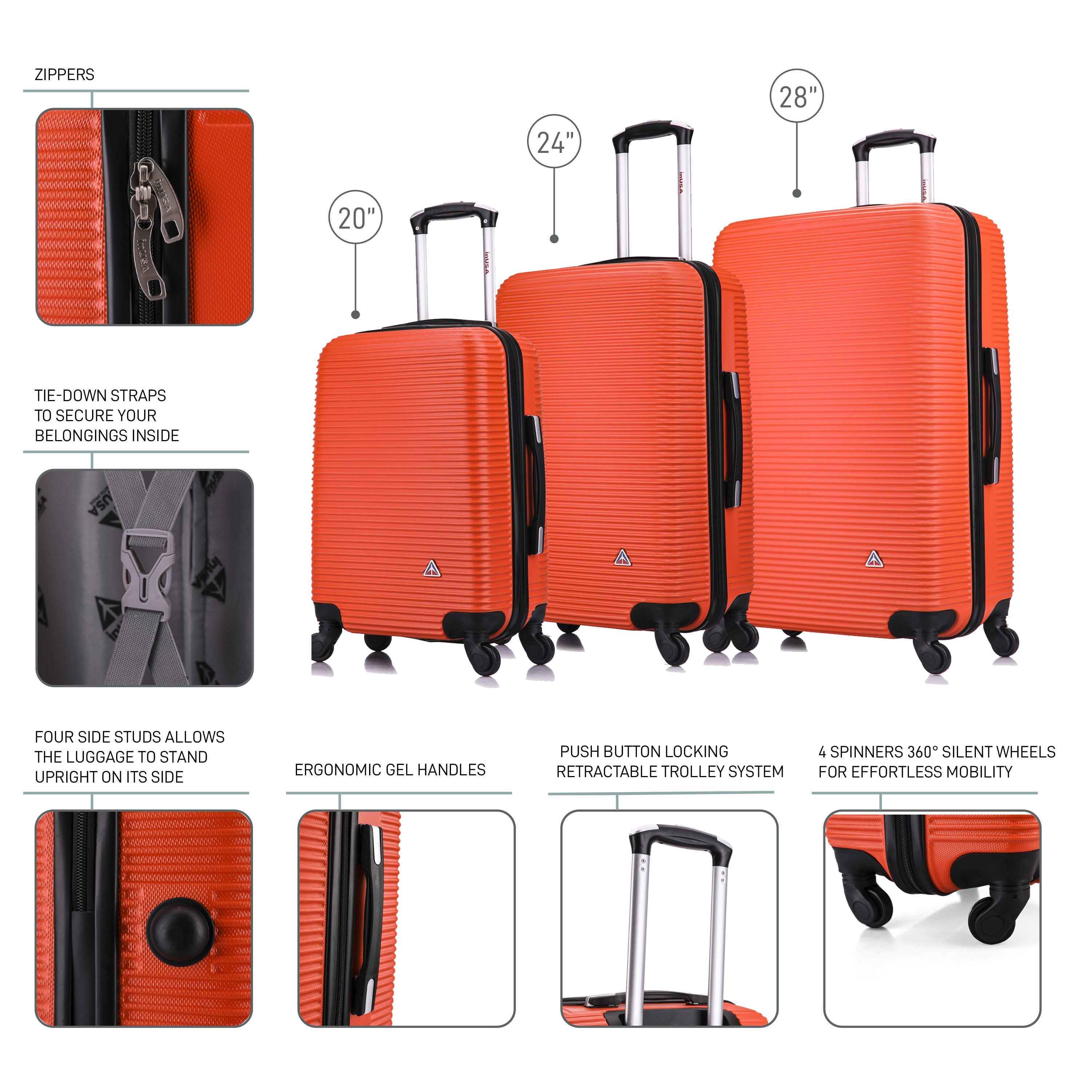 Set of three orange suitcases with features highlighted on a white background