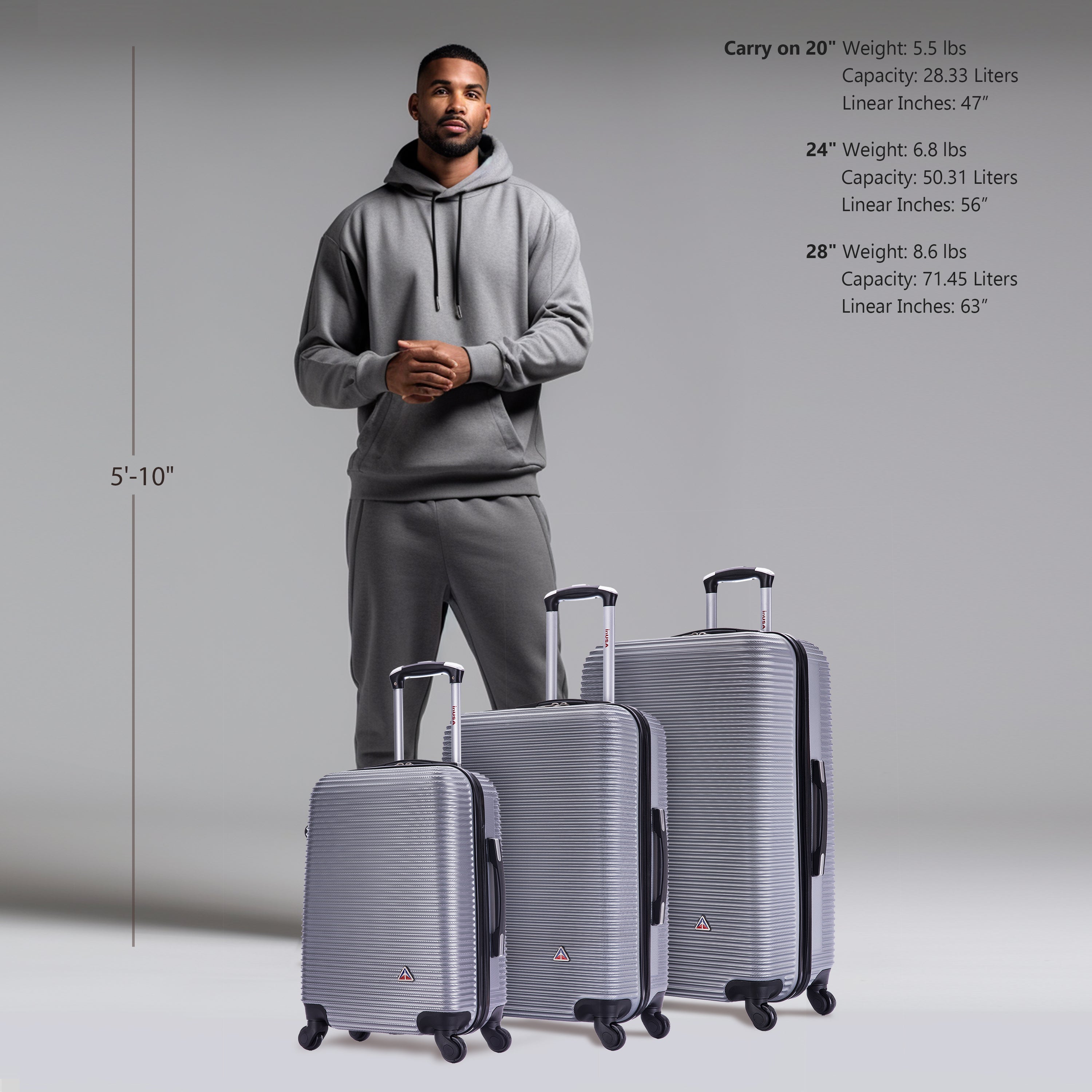 Man in gray hoodie and pants standing next to three suitcases with specifications on a gray background