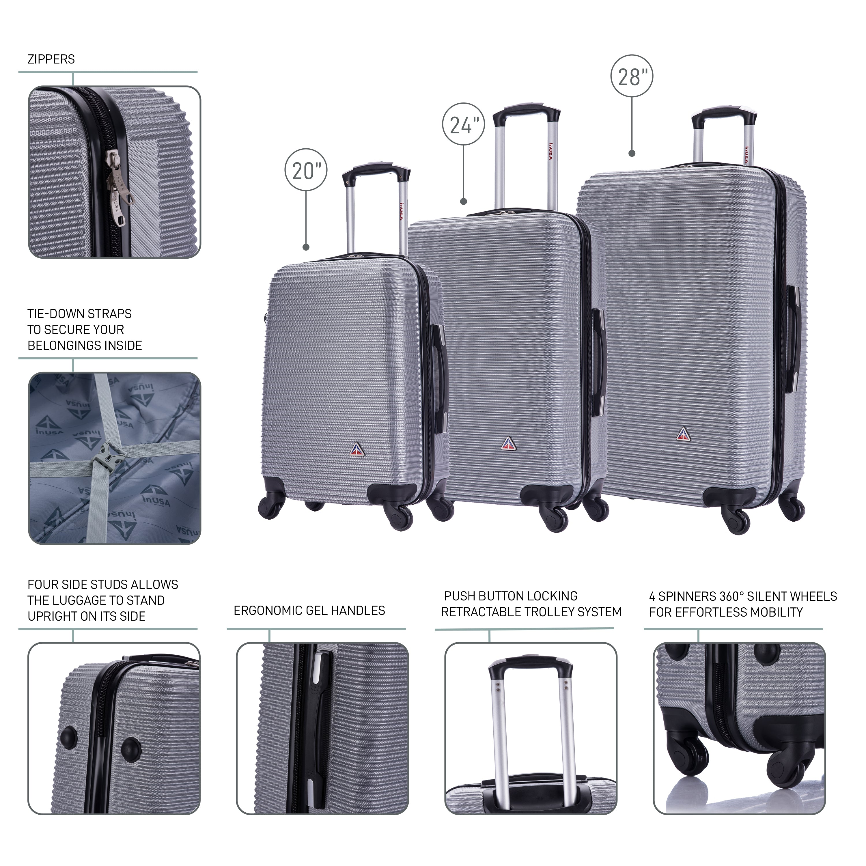 Set of gray suitcases with features highlighted on a white background