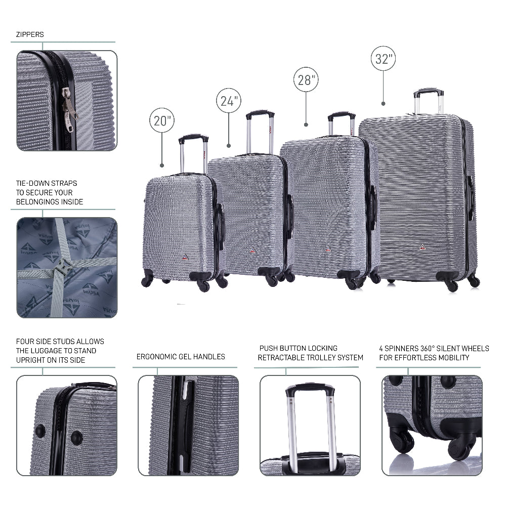 Set of gray suitcases with features highlighted on a white background