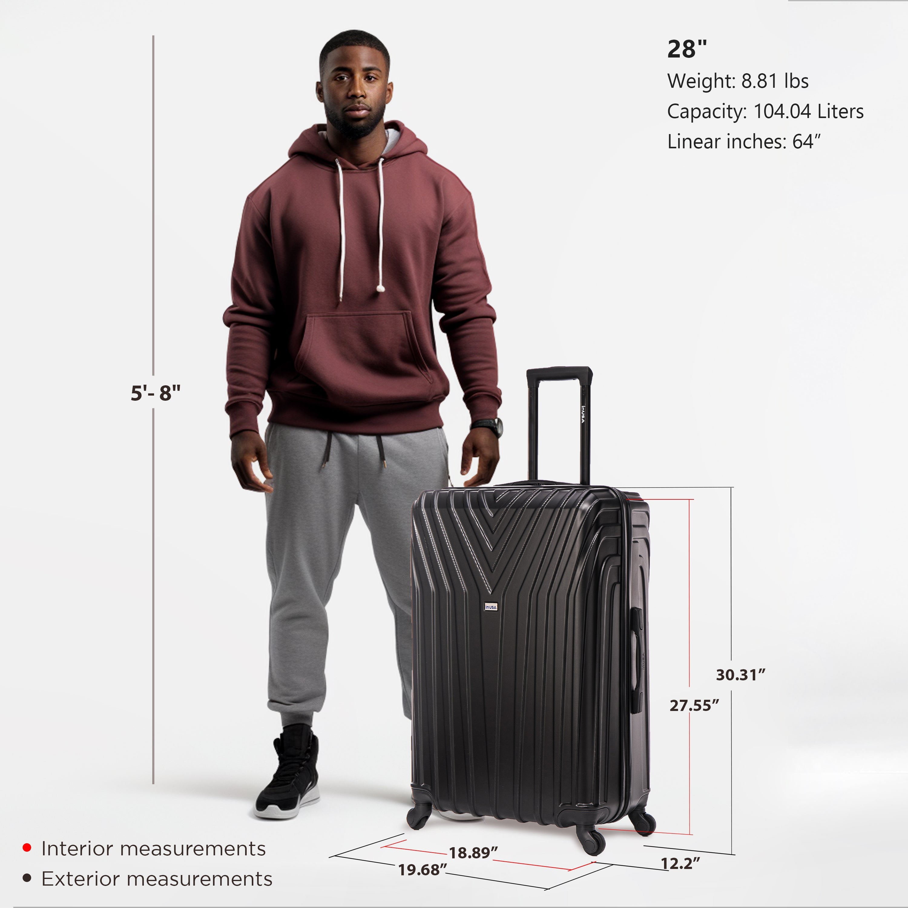 Man standing next to a suitcase with measurements displayed