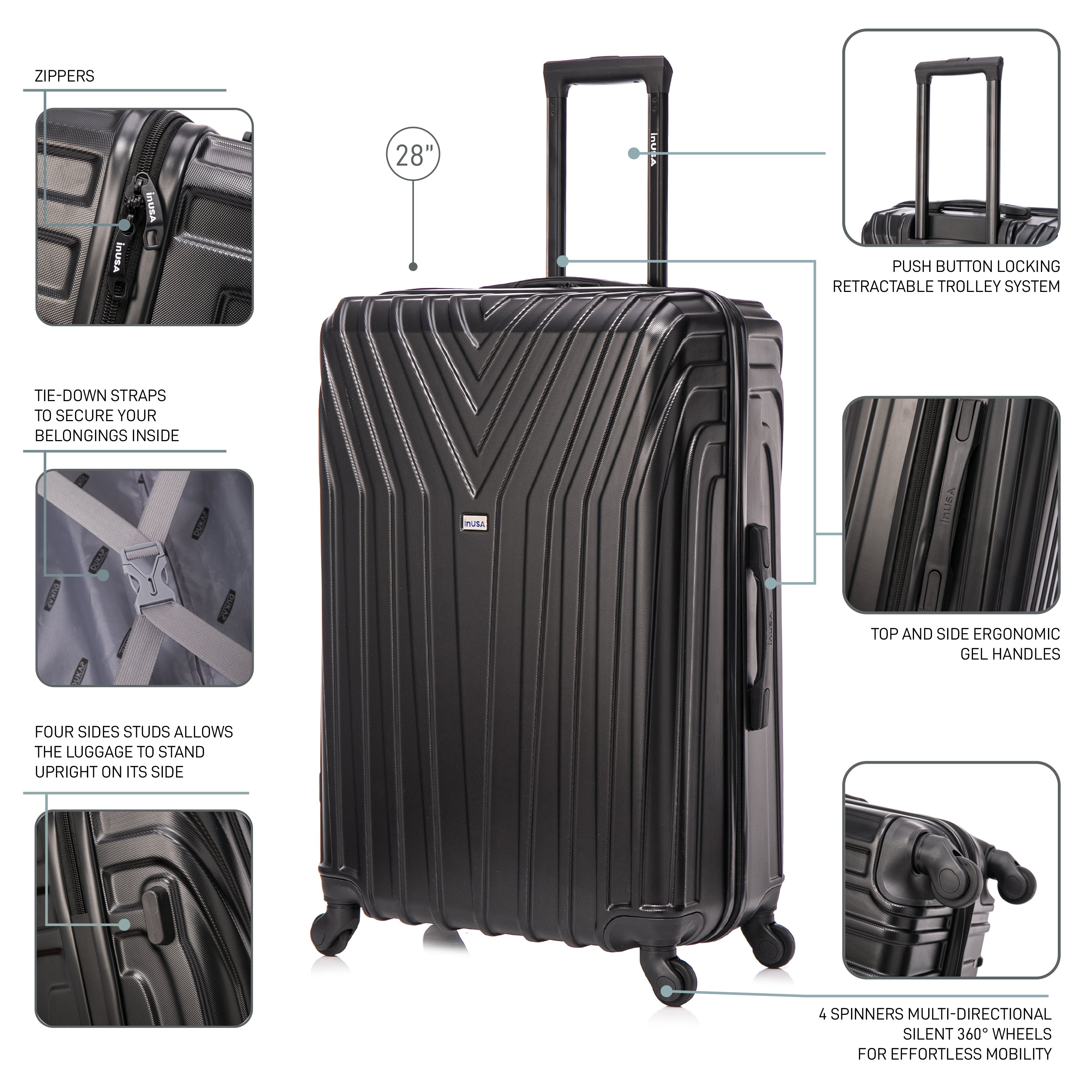 Black suitcase with features highlighted on a white background