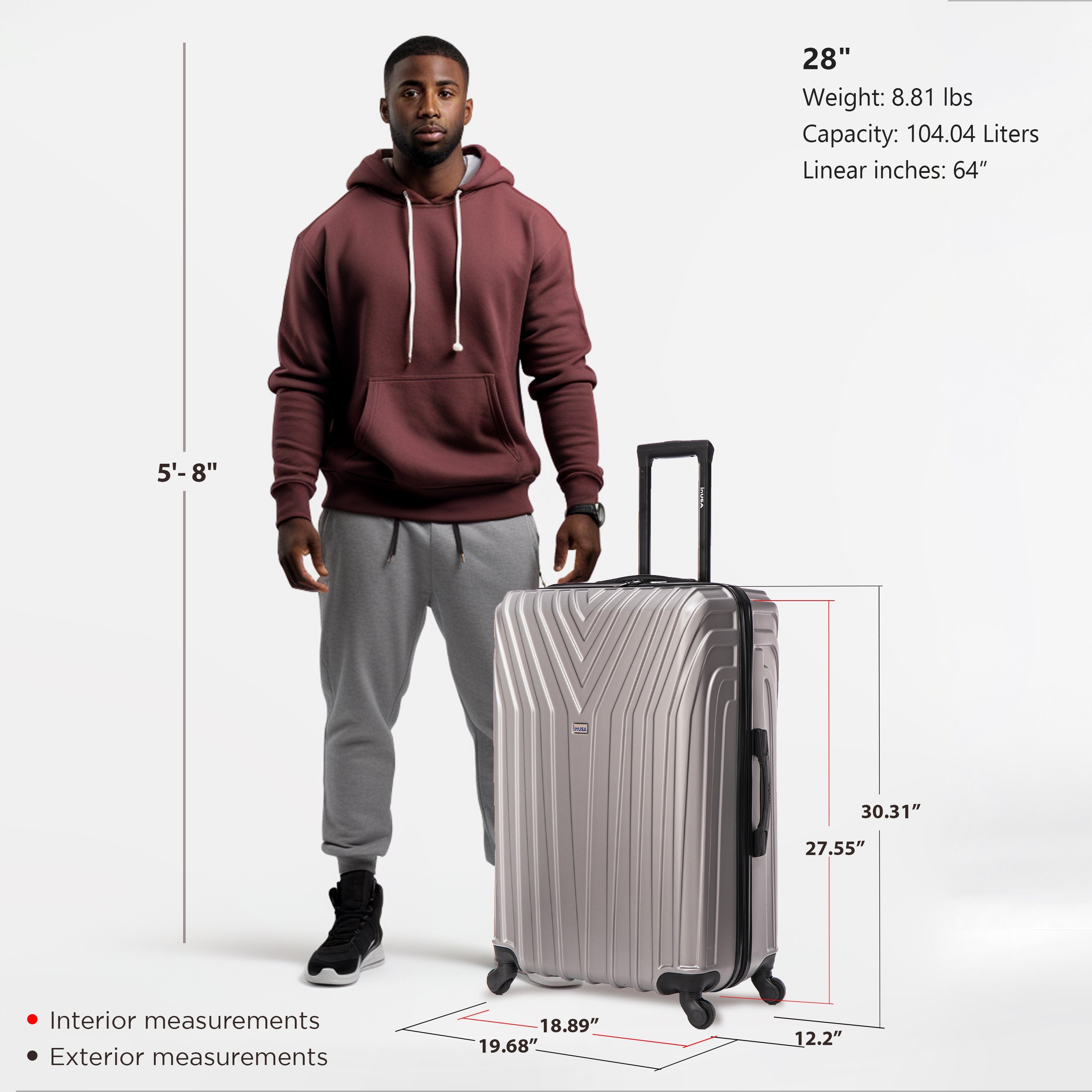 Man holding a silver suitcase with measurements displayed