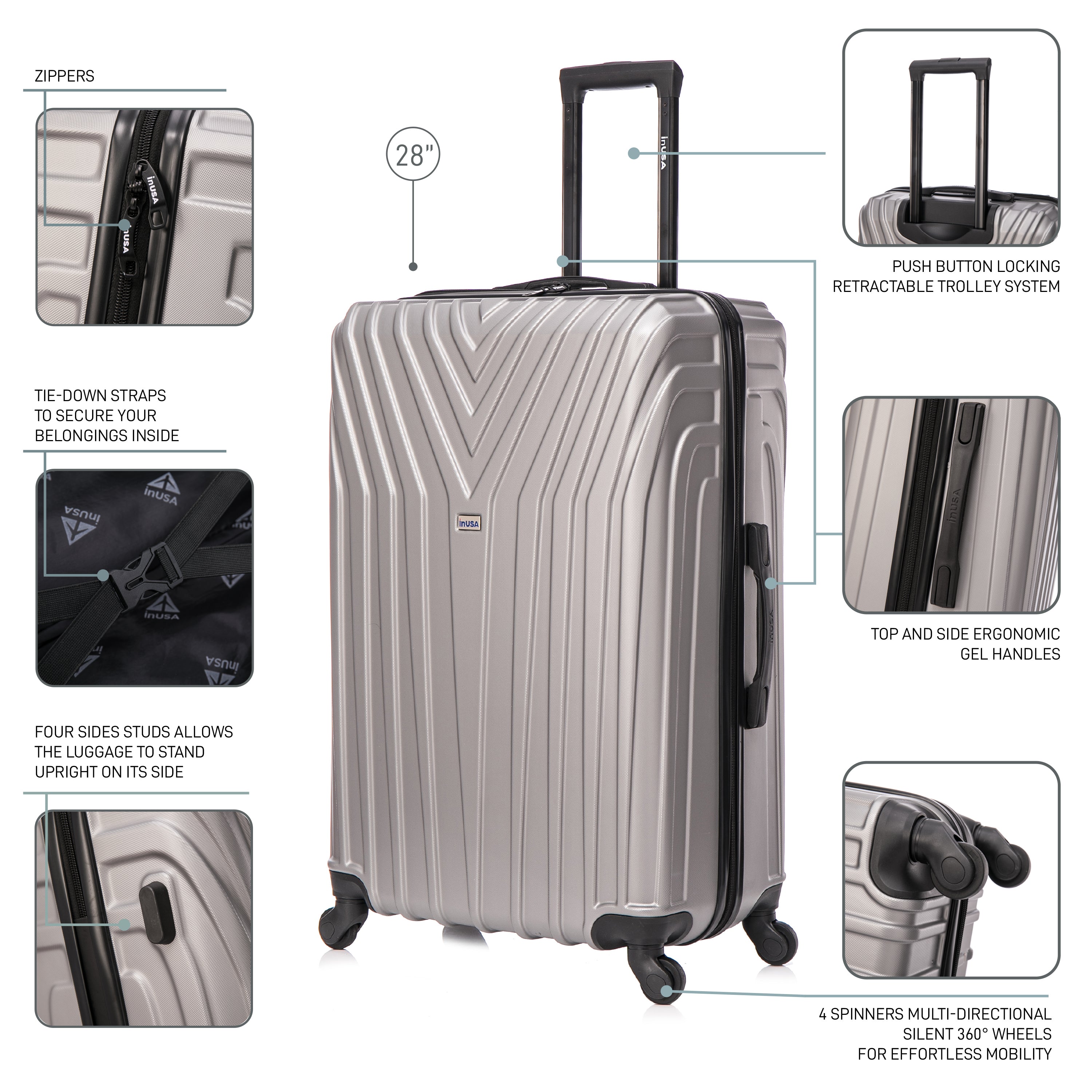 Gray suitcase with features highlighted on a white background