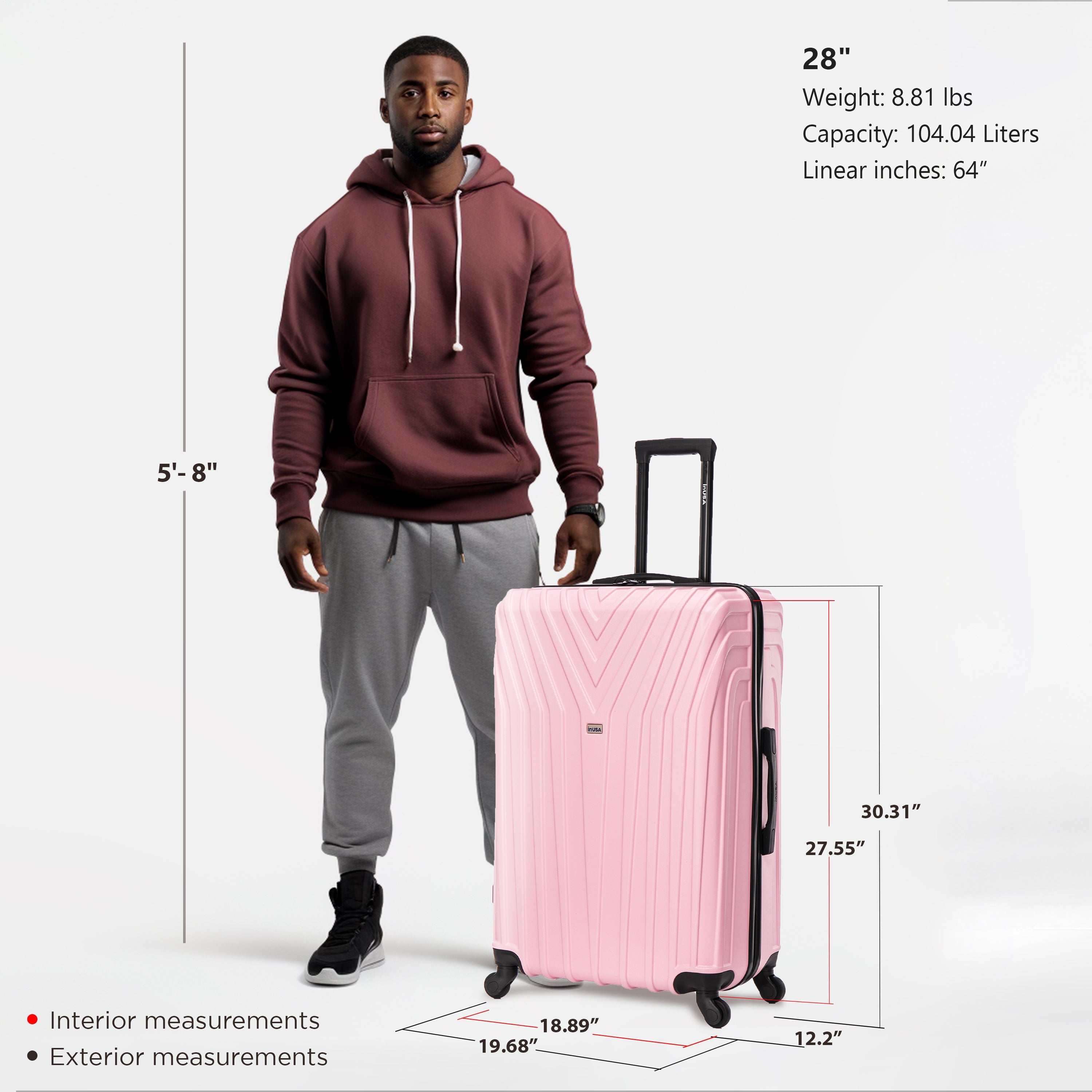 Man holding a pink suitcase with measurements displayed