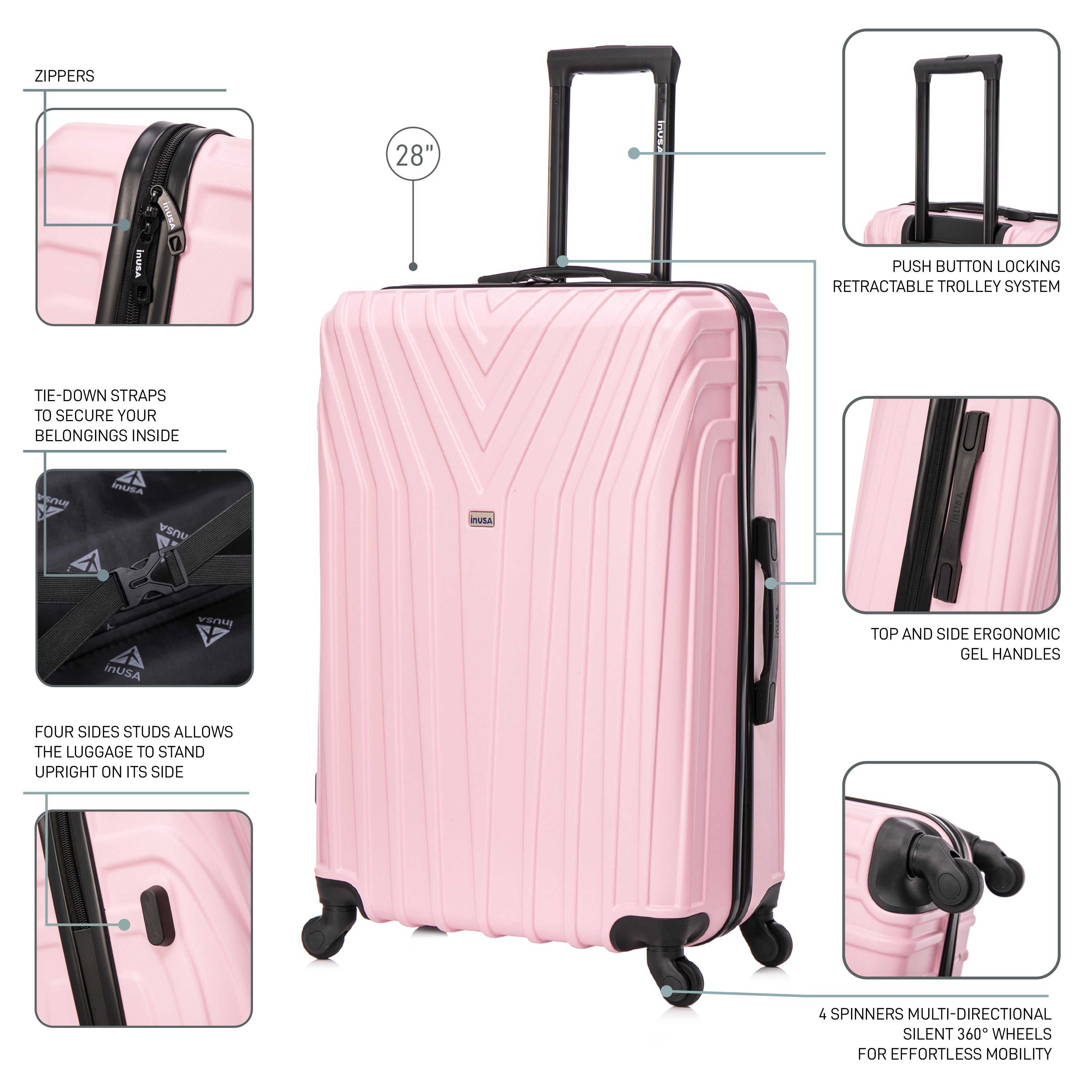 Pink suitcase with features highlighted on a white background