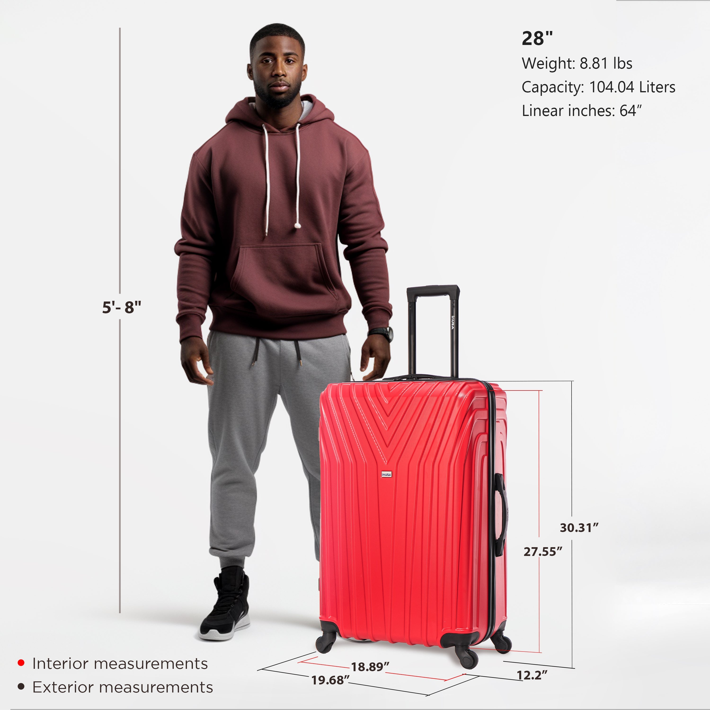 Man holding a red suitcase with measurements displayed