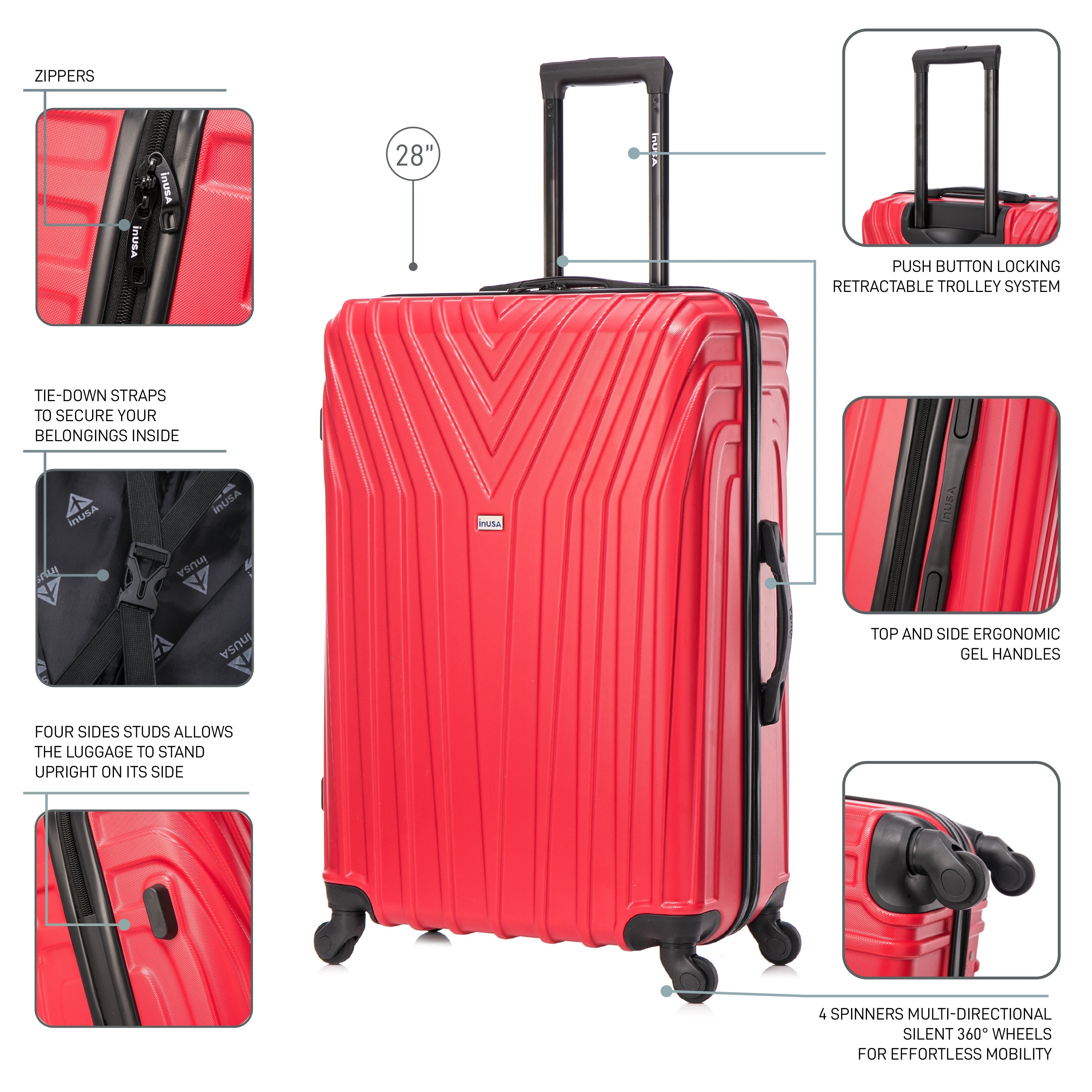 Red suitcase with features highlighted on a white background