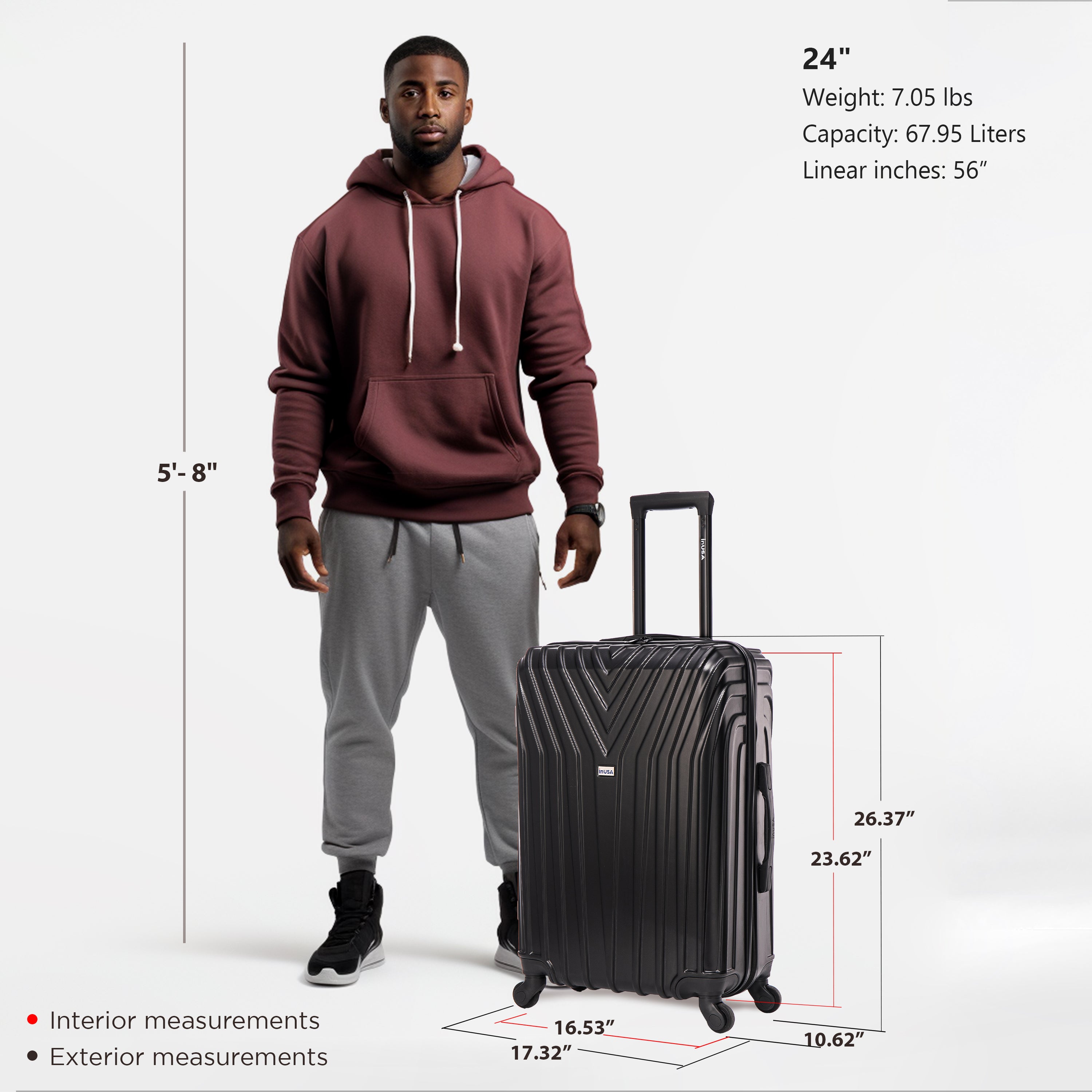 Man standing next to a black suitcase with measurements displayed