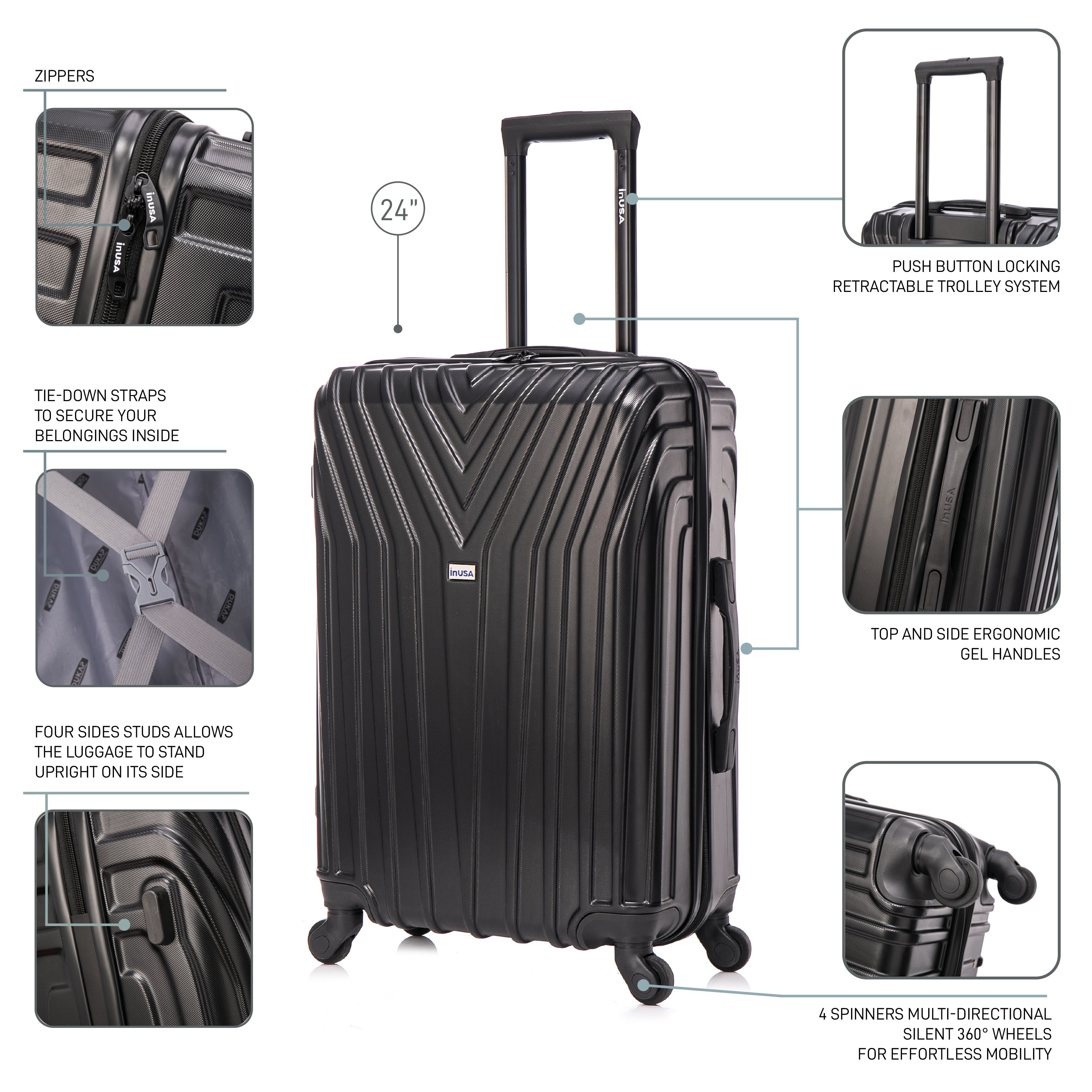 Black suitcase with features highlighted on a white background