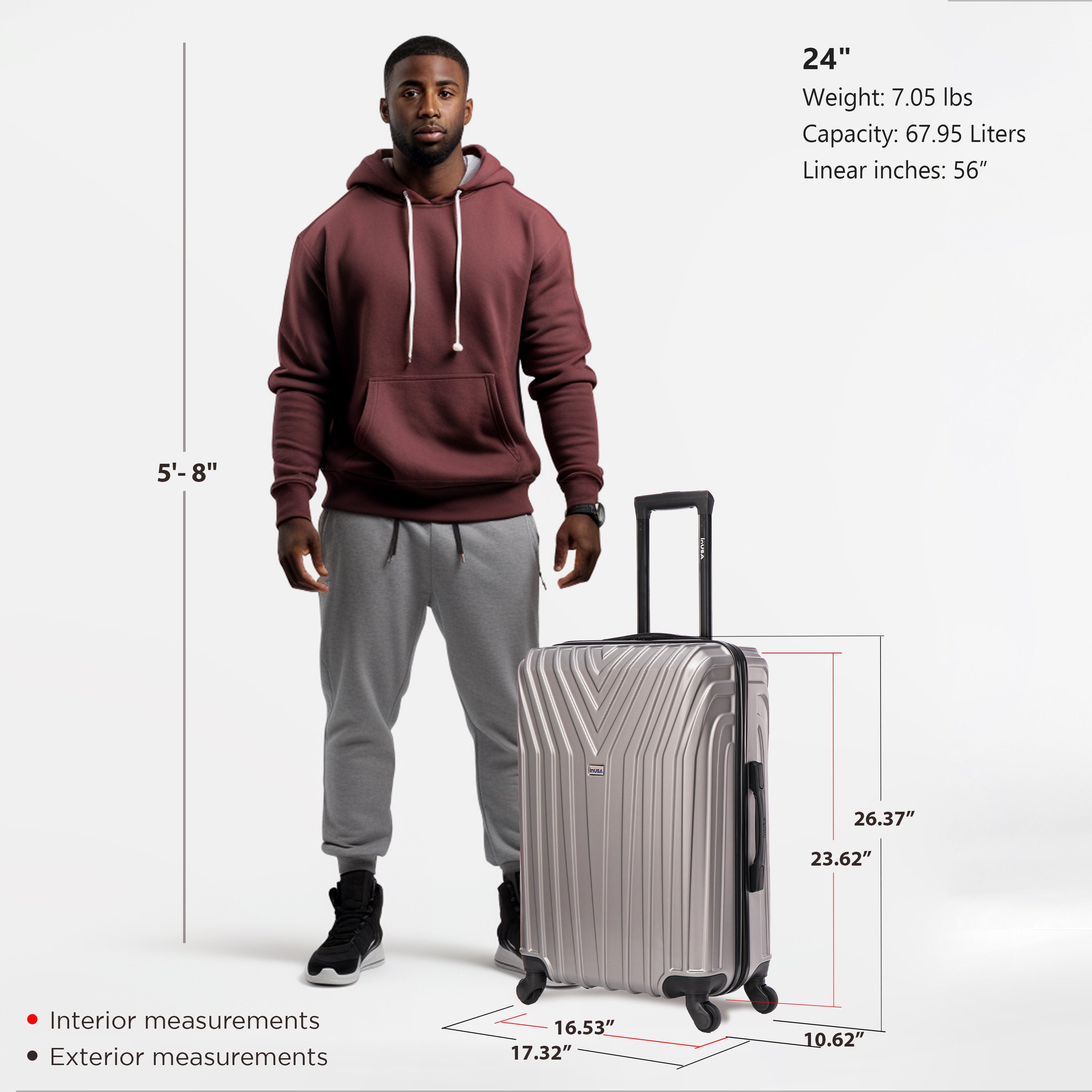 Man standing next to a silver suitcase with measurements displayed