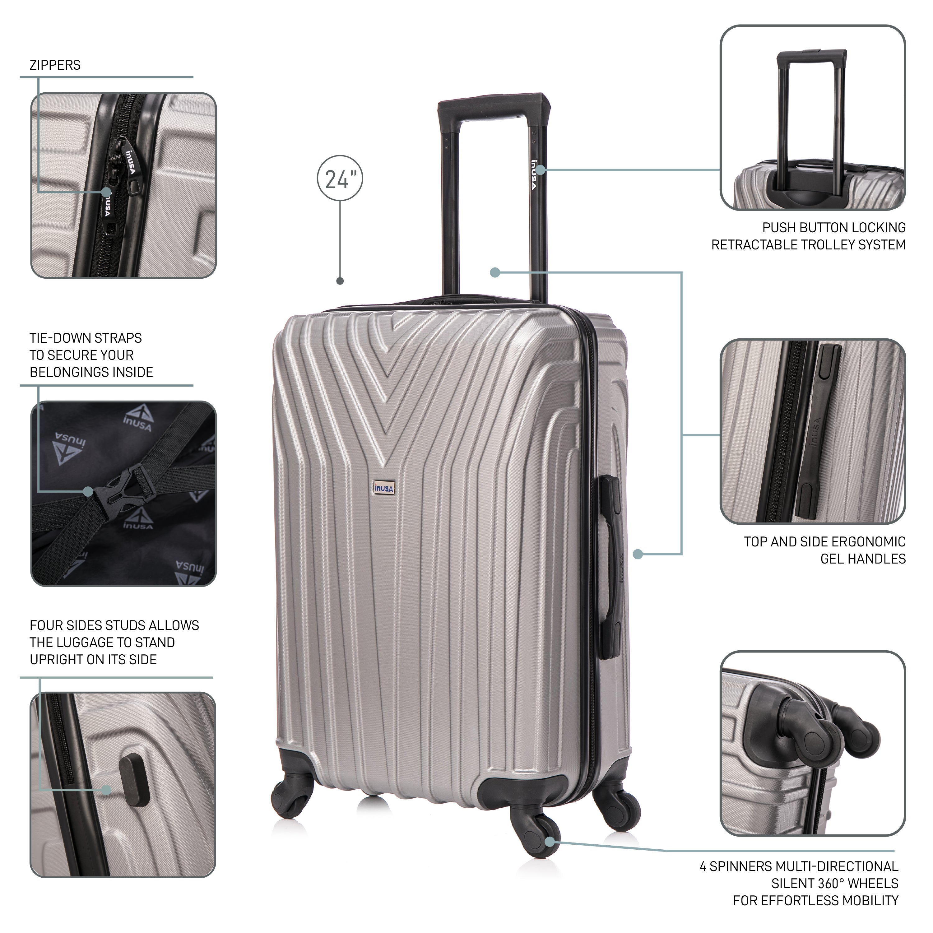 Silver suitcase with features highlighted on a white background