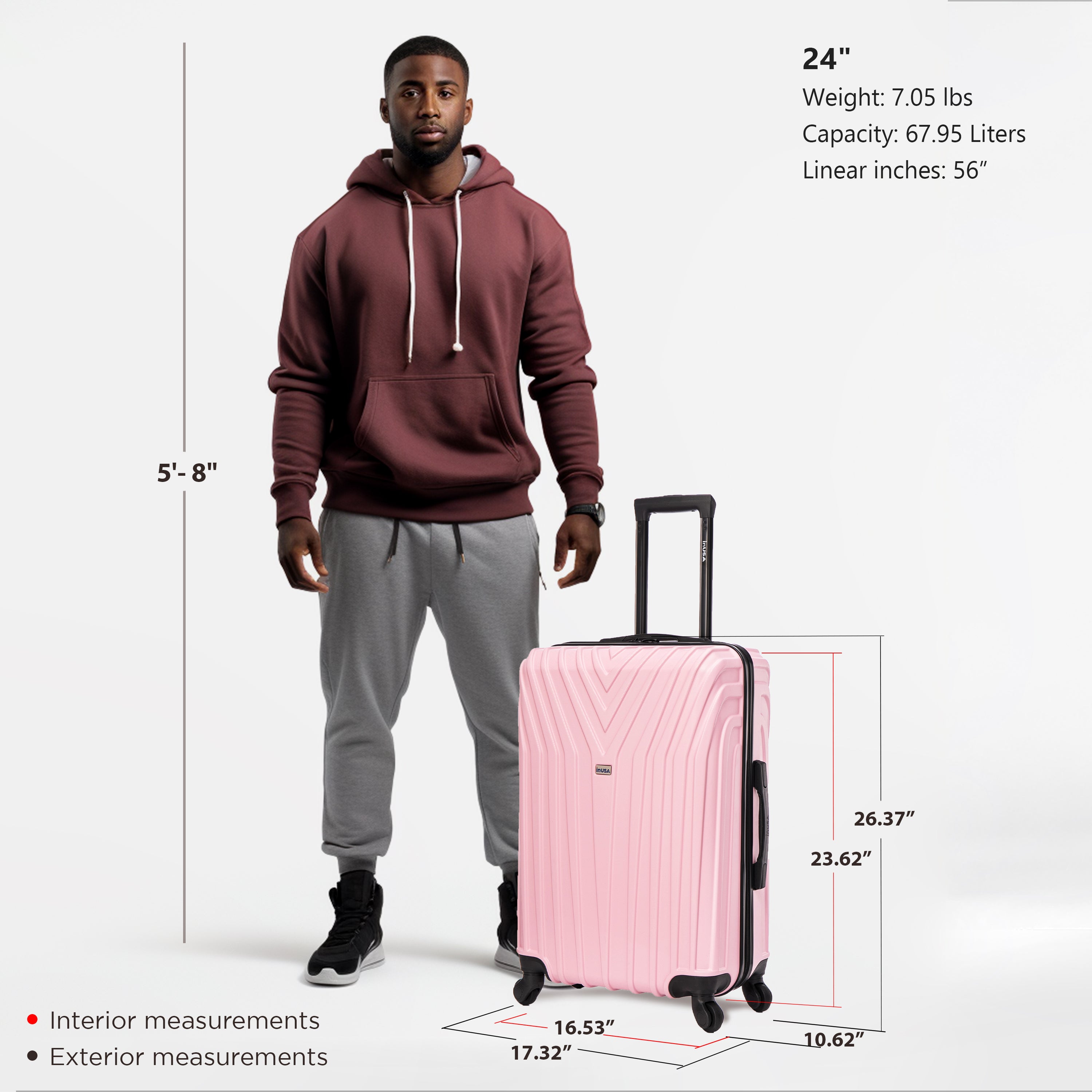 Man standing next to a pink suitcase with measurements displayed