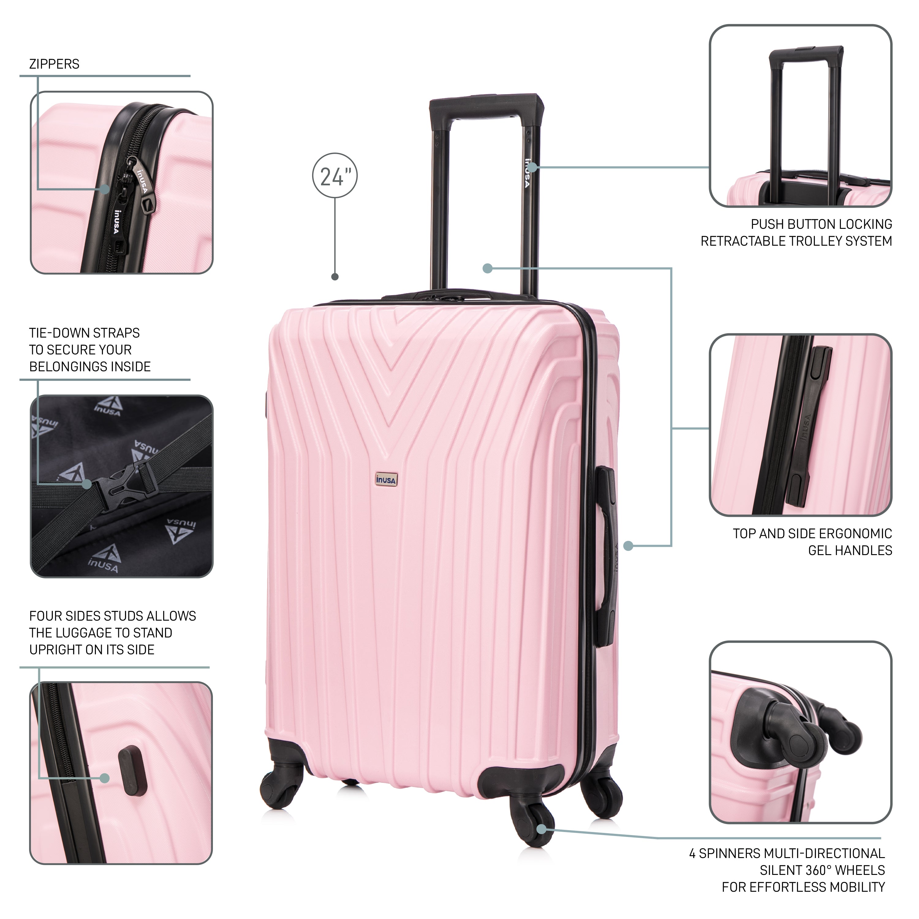 Pink suitcase with features highlighted on a white background