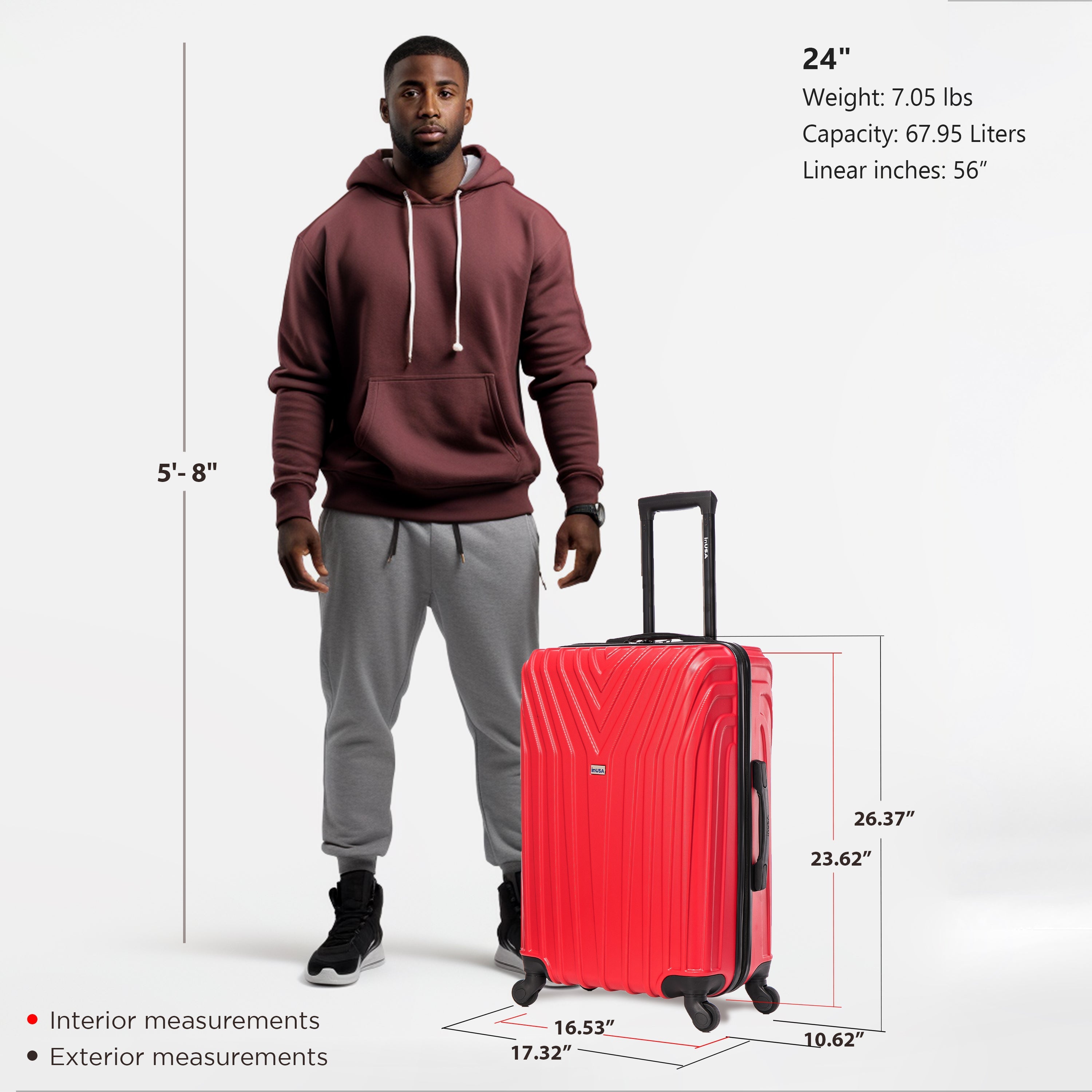 Man standing next to a red suitcase with measurements displayed