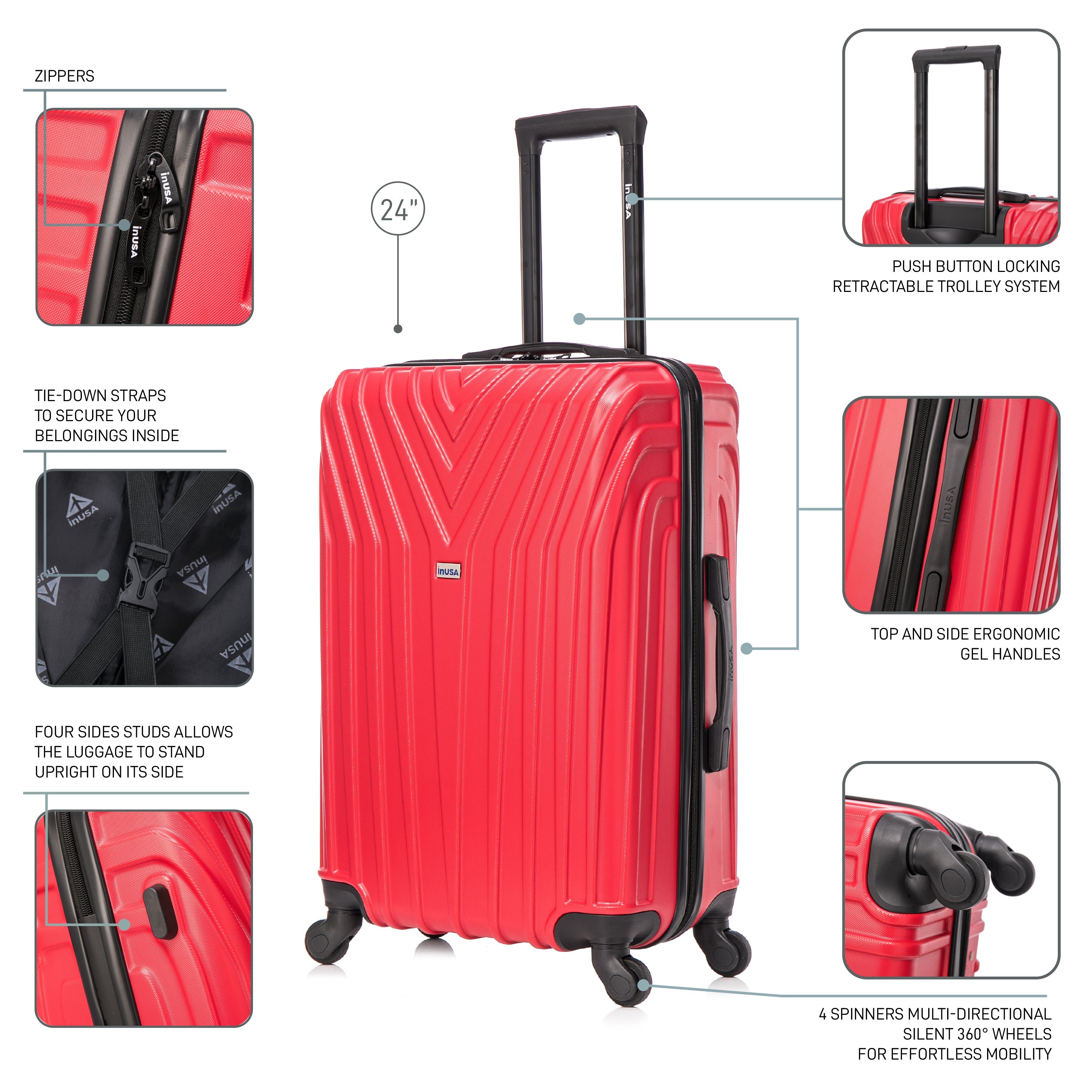 Red suitcase with features highlighted on a white background