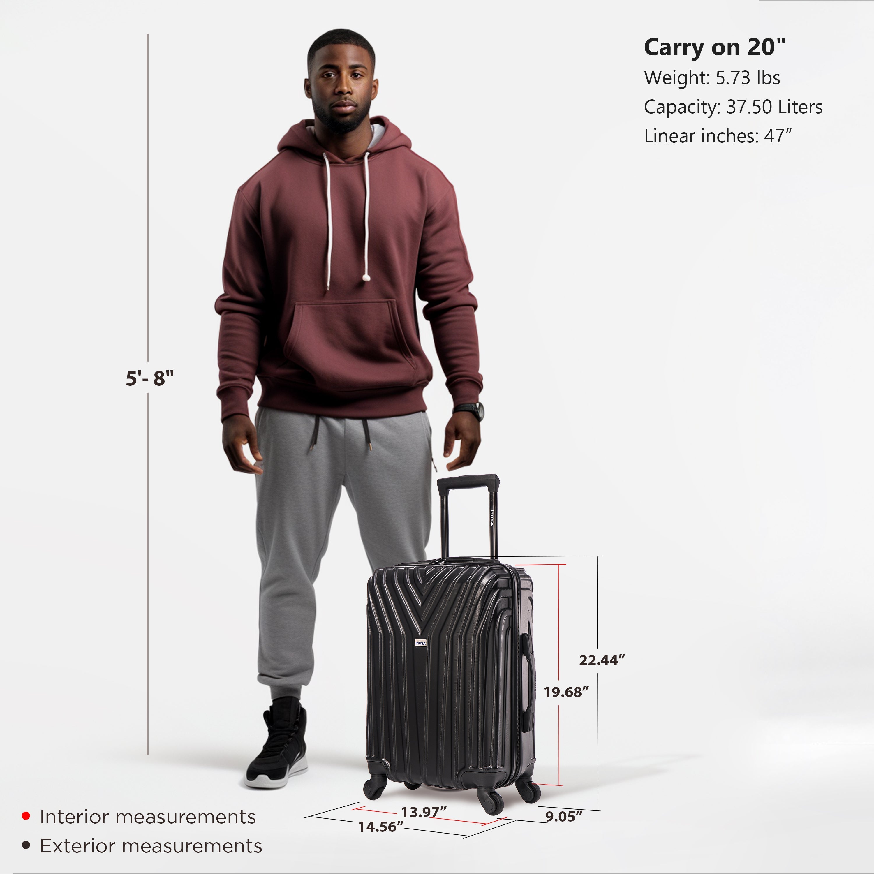 Man holding a suitcase with dimensions displayed on a white background