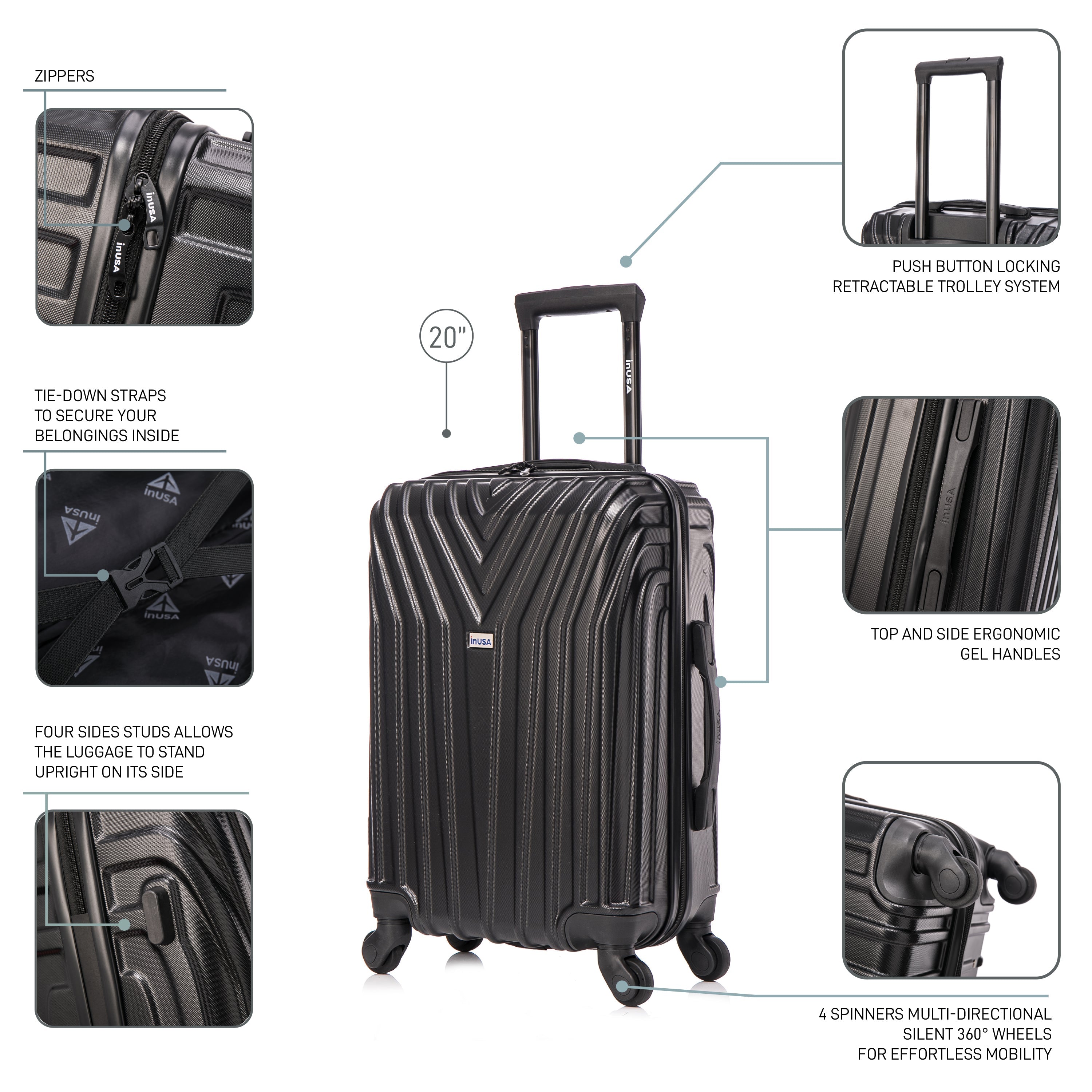 Black suitcase with features highlighted on a white background